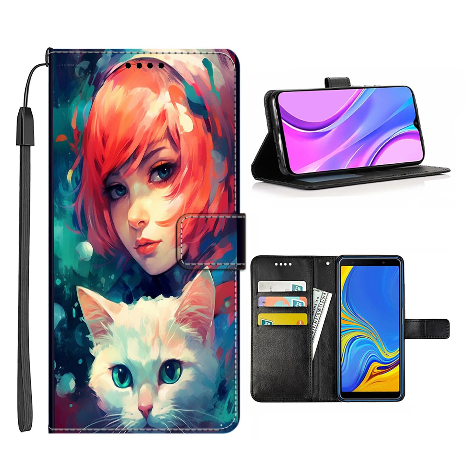 DeweiDirect Wallet Case Suitable for Samsung Galaxy S22 with Cat Print-aa191 Pattern, Top PU Leather, Kickstand with Wrist Strap Multifunction Smartphone Cellphone Case Folio Pocket Flip Lanyard