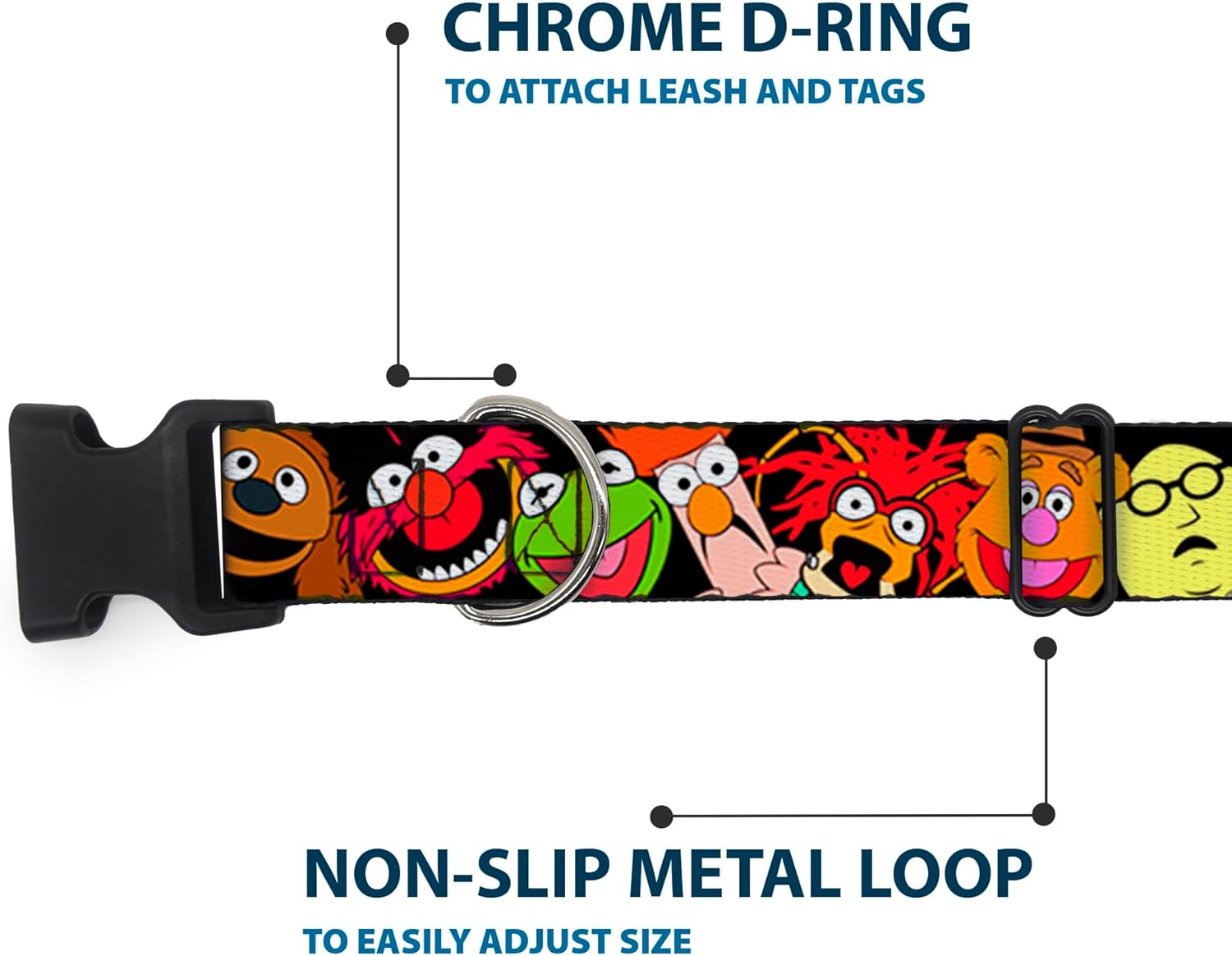 Buckle-Down Plastic Clip Collar - Muppets Faces Black - 1.5" Wide - Fits 16-23" Neck - Medium