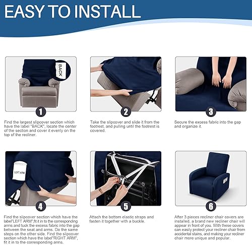 Vista 25 de YEMYHOM Funda elástica de 4 piezas para silla reclinable de jacquard con bolsillo lateral, antideslizante, ajustable, protector de muebles con parte