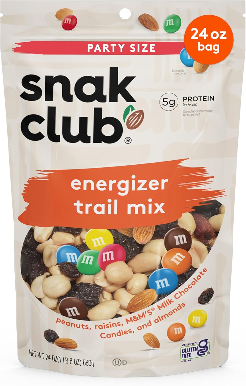 Snak Club Energizer Trail Mix with Roasted Salted Peanuts, Raisins, M&M’S Chocolate Candies, Roasted Almonds, Gluten-Free and Kosher Snack, 24 oz Resealable Bag