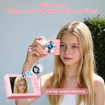 Digital Camera,48MP Kids Camera 1080P Dual Lens Cmopact Camera with Fill Light,Portable Camera with 32GB SD Card,Small Digital Camera for Kids Teens Boys and Girls,Pink