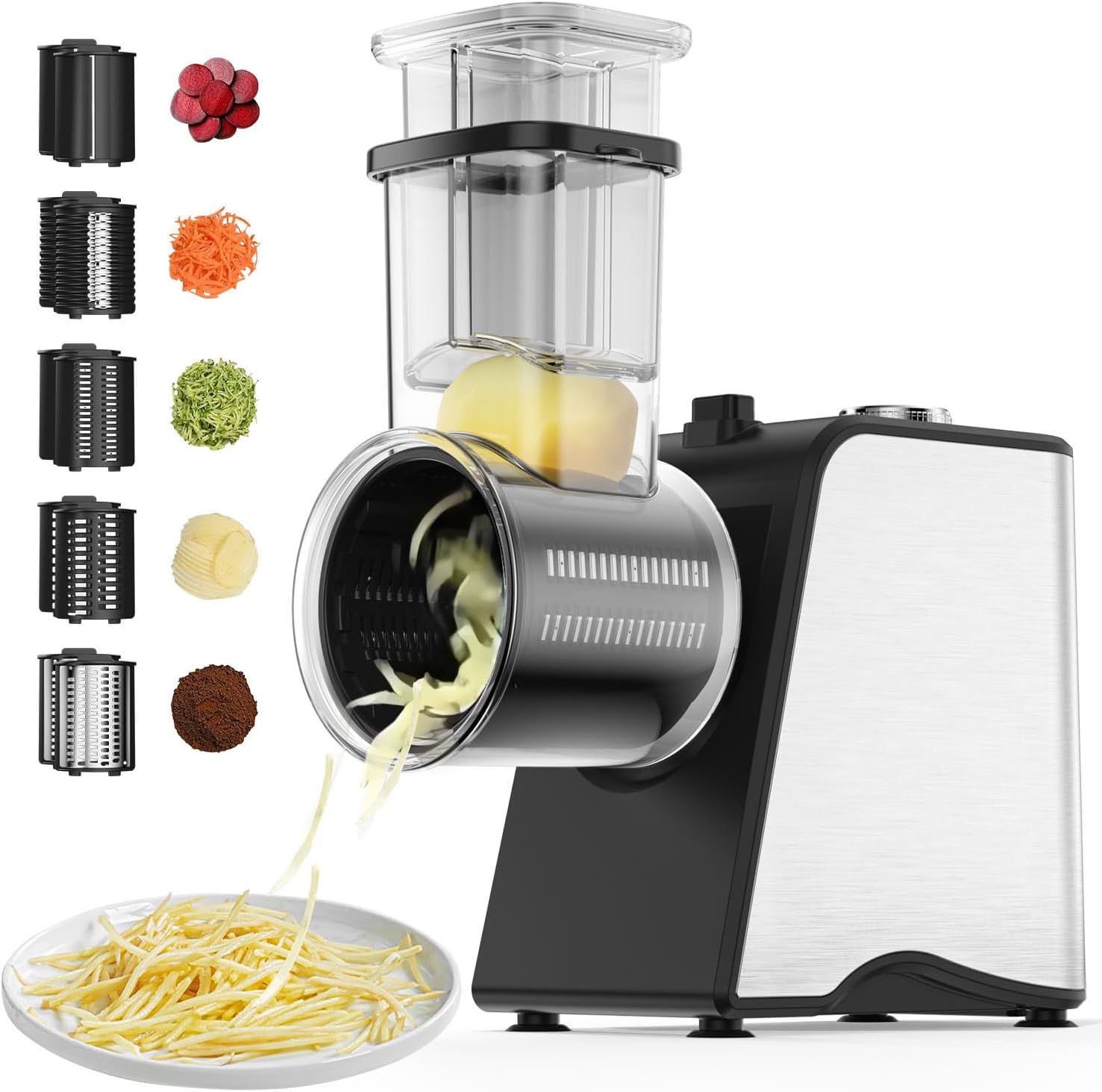 Electric Cheese Grater, 250W Automatic Slicer Shredder Salad Shooter with 5 Blades for Block Cheeses, Salads, Vegetables, Potato, Pizza, 5 in 1 Vegetable Cutter for Kitchen, Cooking, Silver Electric Cheese Grater, 250W Automatic Slicer Shredder Salad Shooter with 5 Blades for Block Cheeses, Salads, Vegetables, Potato, Pizza, 5 in 1 Vegetable Cutter for Kitchen, Cooking, Silver