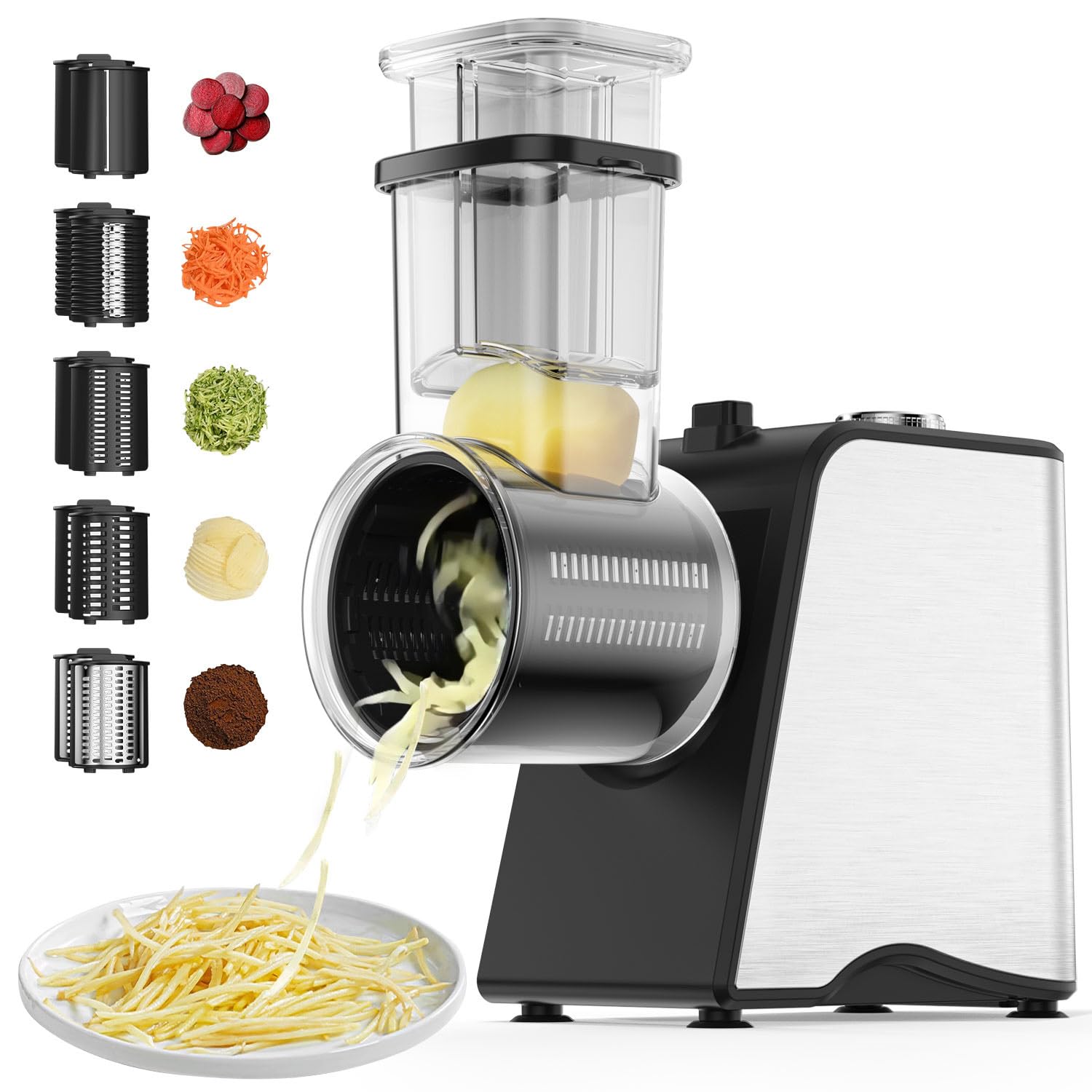 Electric Cheese Grater, 250W Automatic Slicer Shredder Salad Shooter with 5 Blades for Block Cheeses, Salads, Vegetables, Potato, Pizza, 5 in 1 Vegetable Cutter for Kitchen, Cooking, Silver