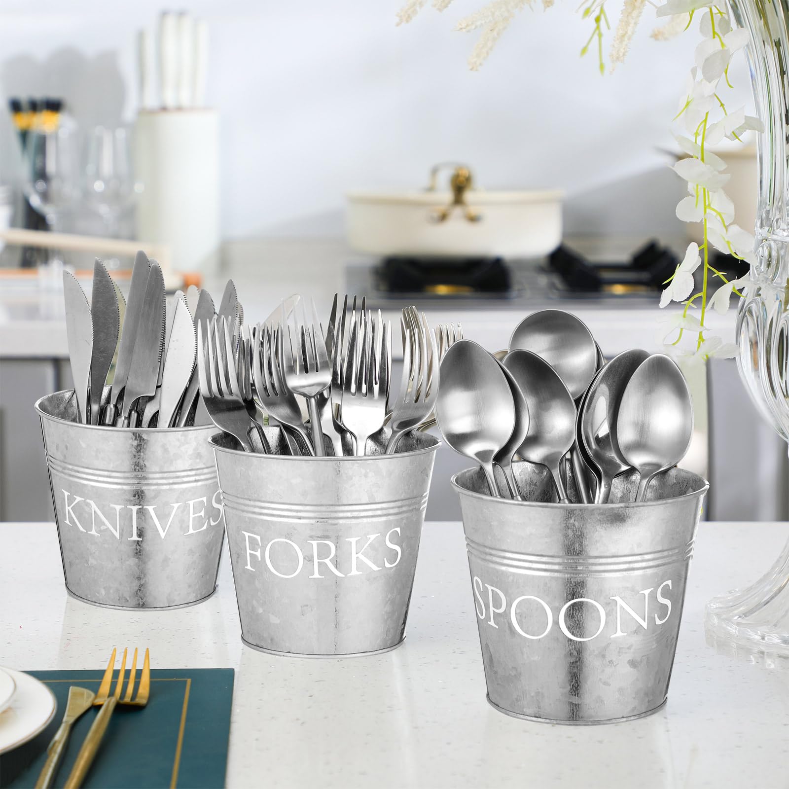 Honeydak 3 soportes de cubiertos de metal galvanizado para utensilios de cocina para encimera, soporte para utensilios de cocina, para fiesta, cuchara, tenedor, cuchillo, cubiertos, organizador de