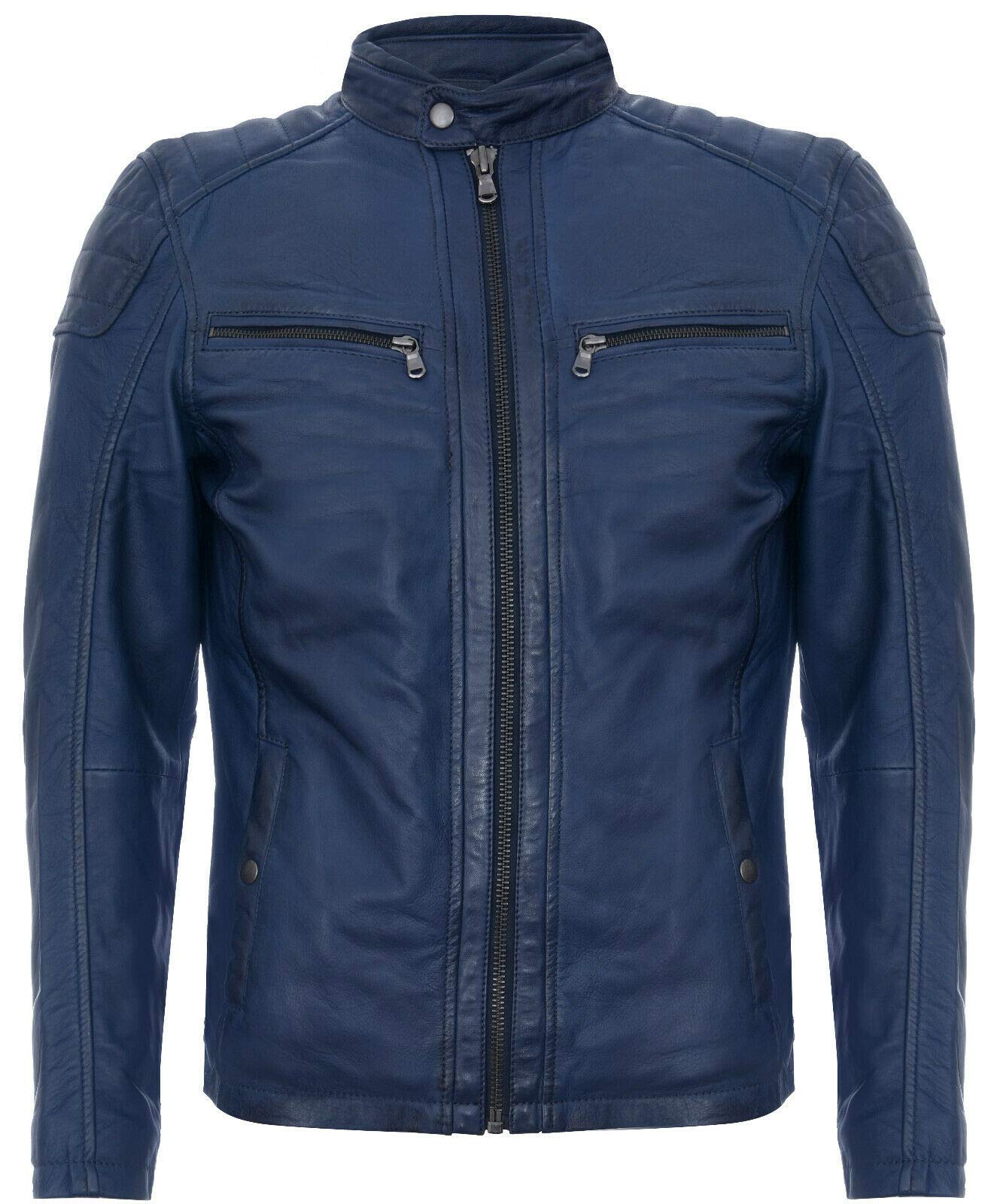 Mens Navy Leather Jacket Vintage Quilted Retro Racing Zipped Biker XS