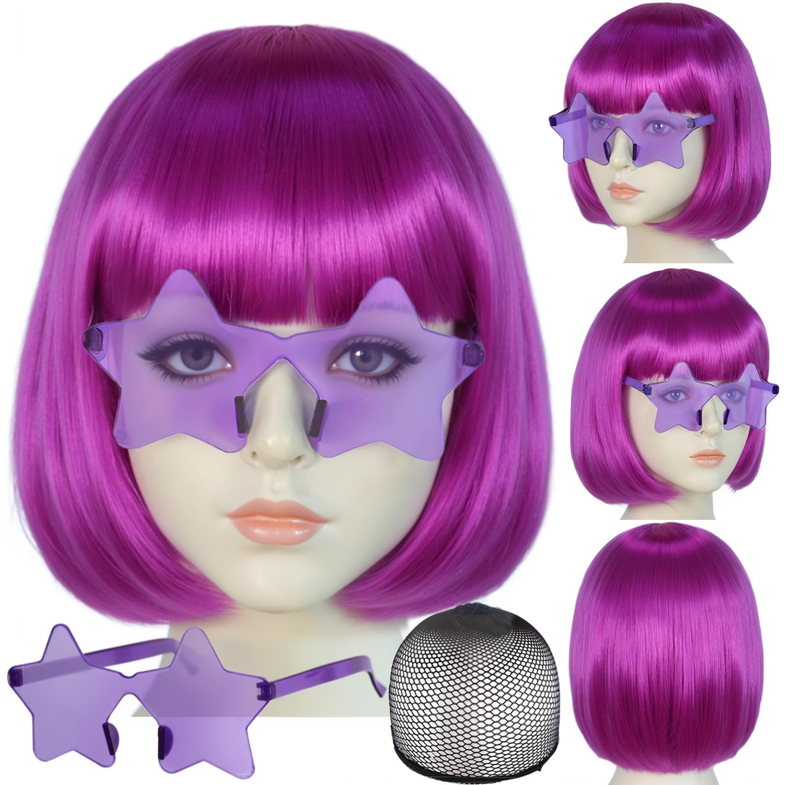 BEKIDER Dark Purple Bob Wig (1 Pair of Glasses+ 1 Hair Cap) Colored Wigs Party Outfit Colorful Bob Wig with Bangs Funny Wigs Mardi Gras Costume Purple Synthetic Hair for Halloween