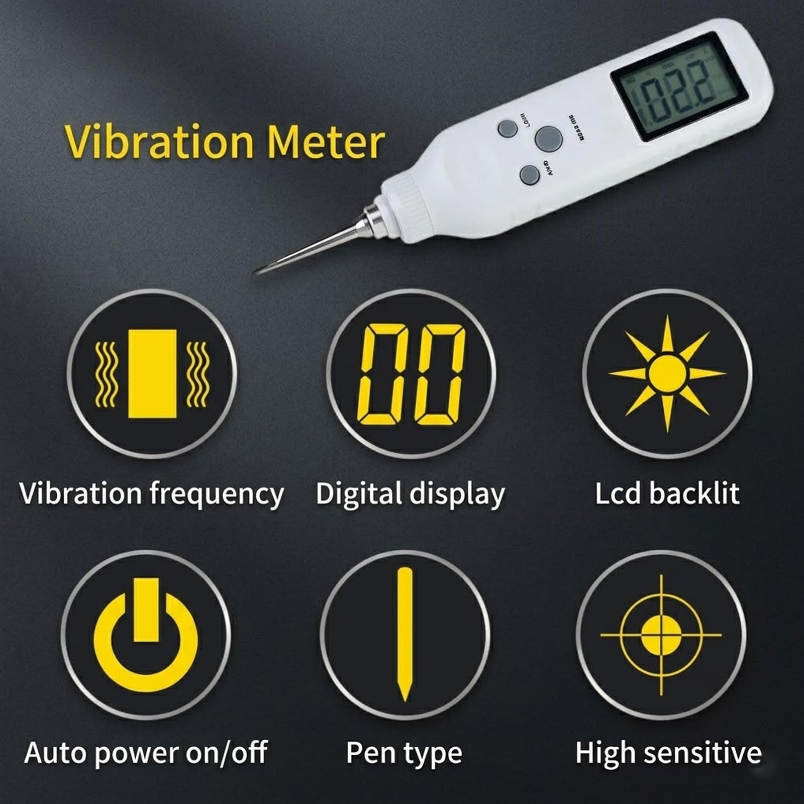 MObyat Probador Vibración Pluma, Medidor Vibración Digital Vibrómetro con LCD Retroiluminado, Sonda Alta Sensibilidad, 3 Modos, Lámpara Retroiluminación HD para Falla Mecánica