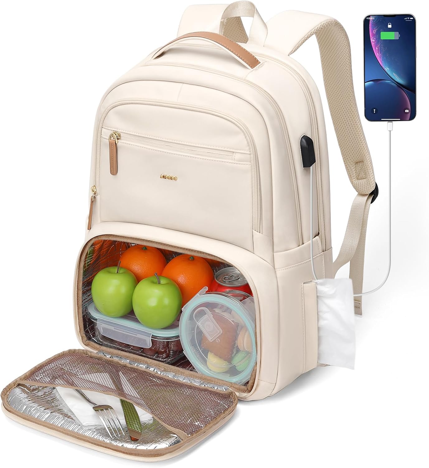 Lunch Backpack for Women Men,15.6Inch Insulated Lunch Box Backpack with USB Charging Port, Diaper Laptop Back pack for Travel Picnic Work Teacher Nurse,Beige