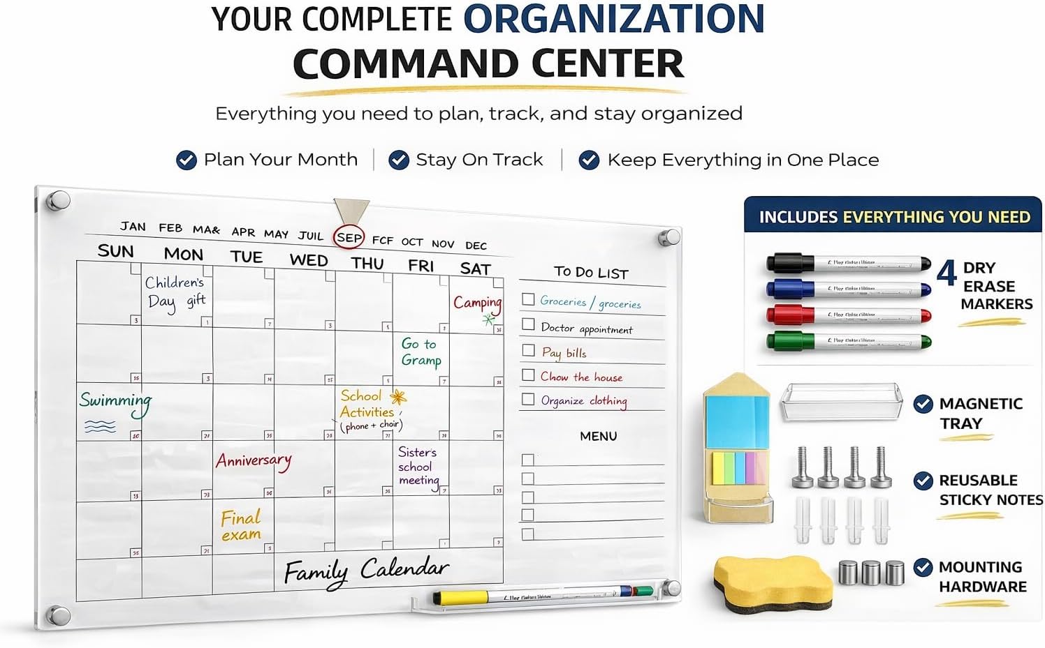 Acrylic Wall Calendar – Medium Clear Dry Erase Wall Calendar 24x18 – Acrylic Monthly Wall Planner for Home, Office & Family – Reusable Transparent Wall Calendar with Markers
