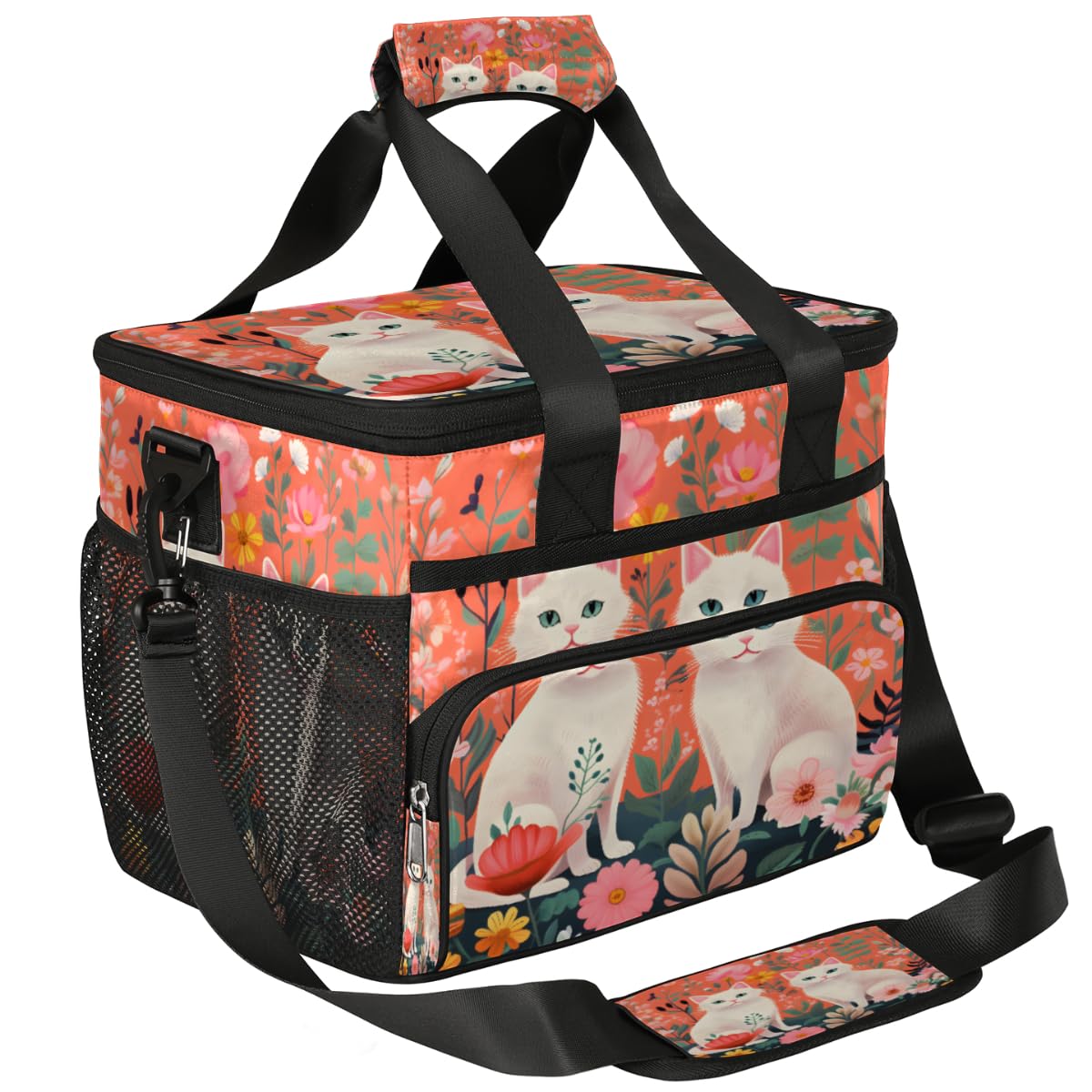 Funny Cats Insulated Picnic Backpack Lunch Box for Women Men Picnic Basket Tote Lunch Bag Picnic Bag Portable Lunch Bags for Picnic, Beach, Work, Trip,Office, Camp Cats with Flowers