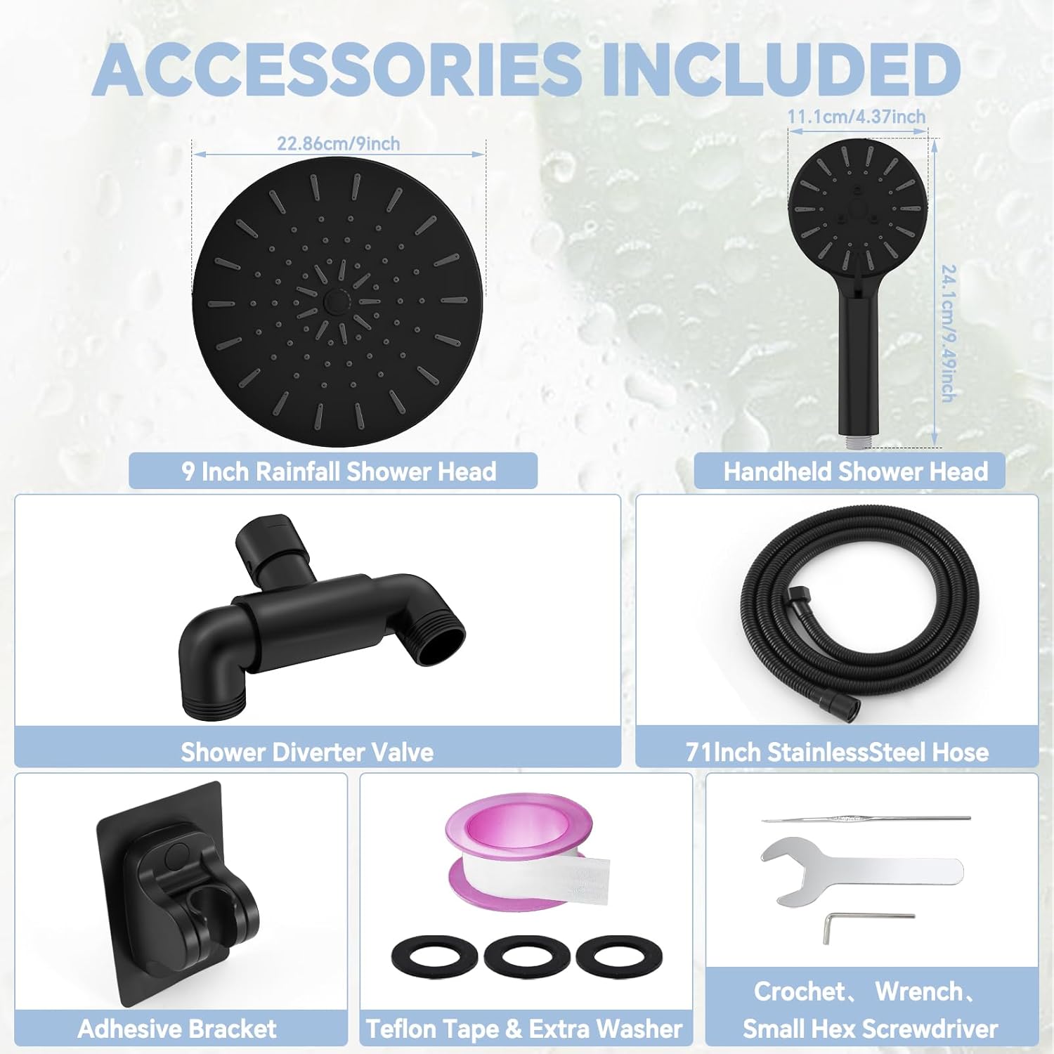 9 In Rain Shower Head with Handheld Wand, High Pressure Shower Heads With Handheld Spray Combo, 3+1 Easy Switch Modes Spray, 71 Inches Stainless Steel Hose, Matte Black