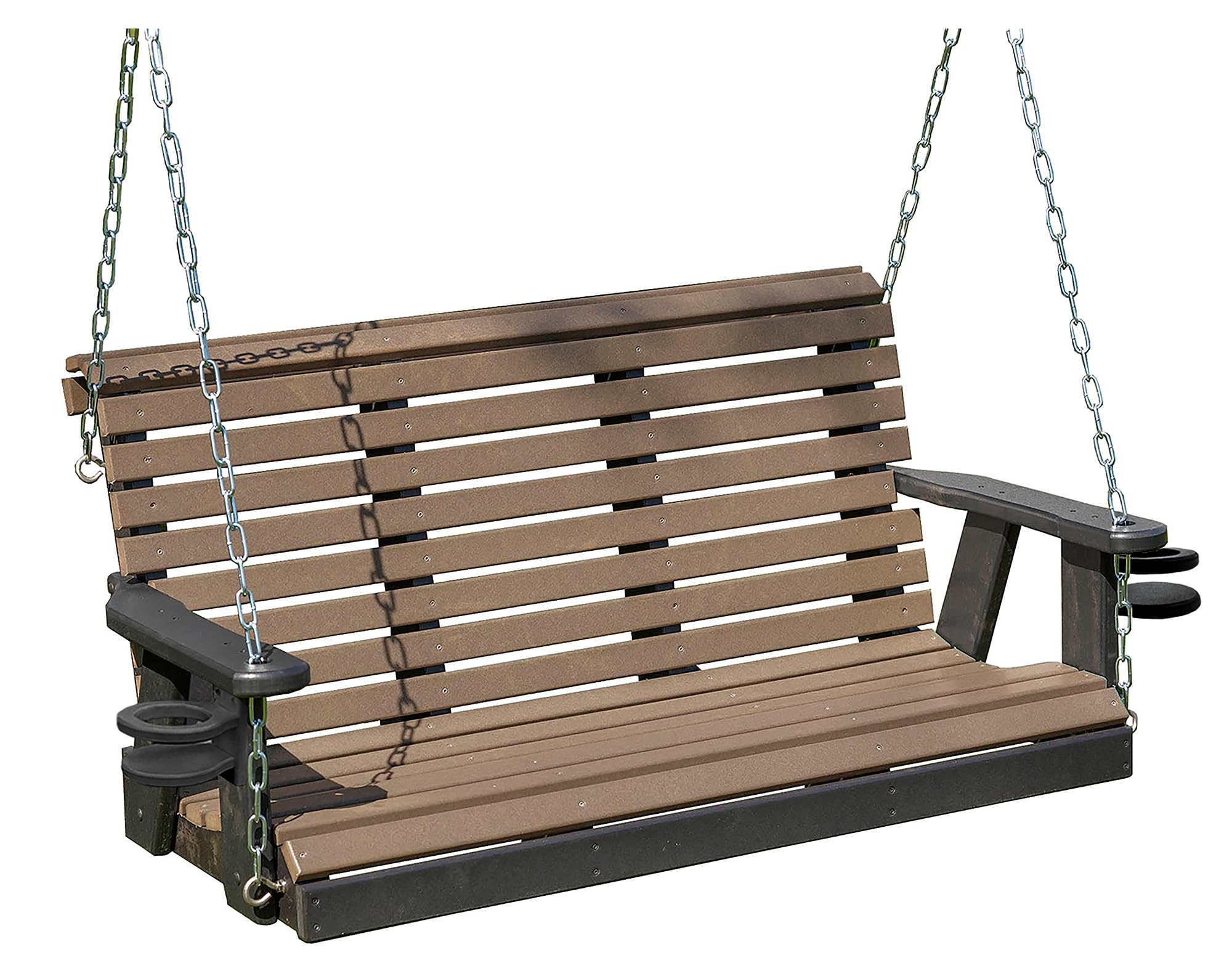 Lancaster Rollback poly lumber porch swing with cup holders in Weatherwood on Black, 5-foot size