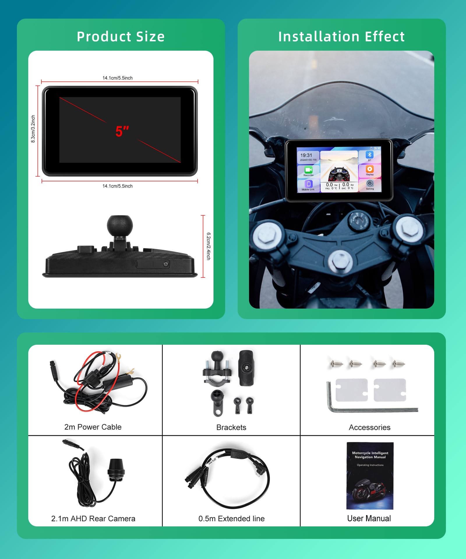VECHTEL Motorrad Navi Kabelloses CarPlay und Android Auto per Moto, 5 Zoll HD Touchscreen GPS Navigation für Motorrad mit IP68 Wasserdicht, Bluetooth, Assistente Siri/GOO-gle, TPMS