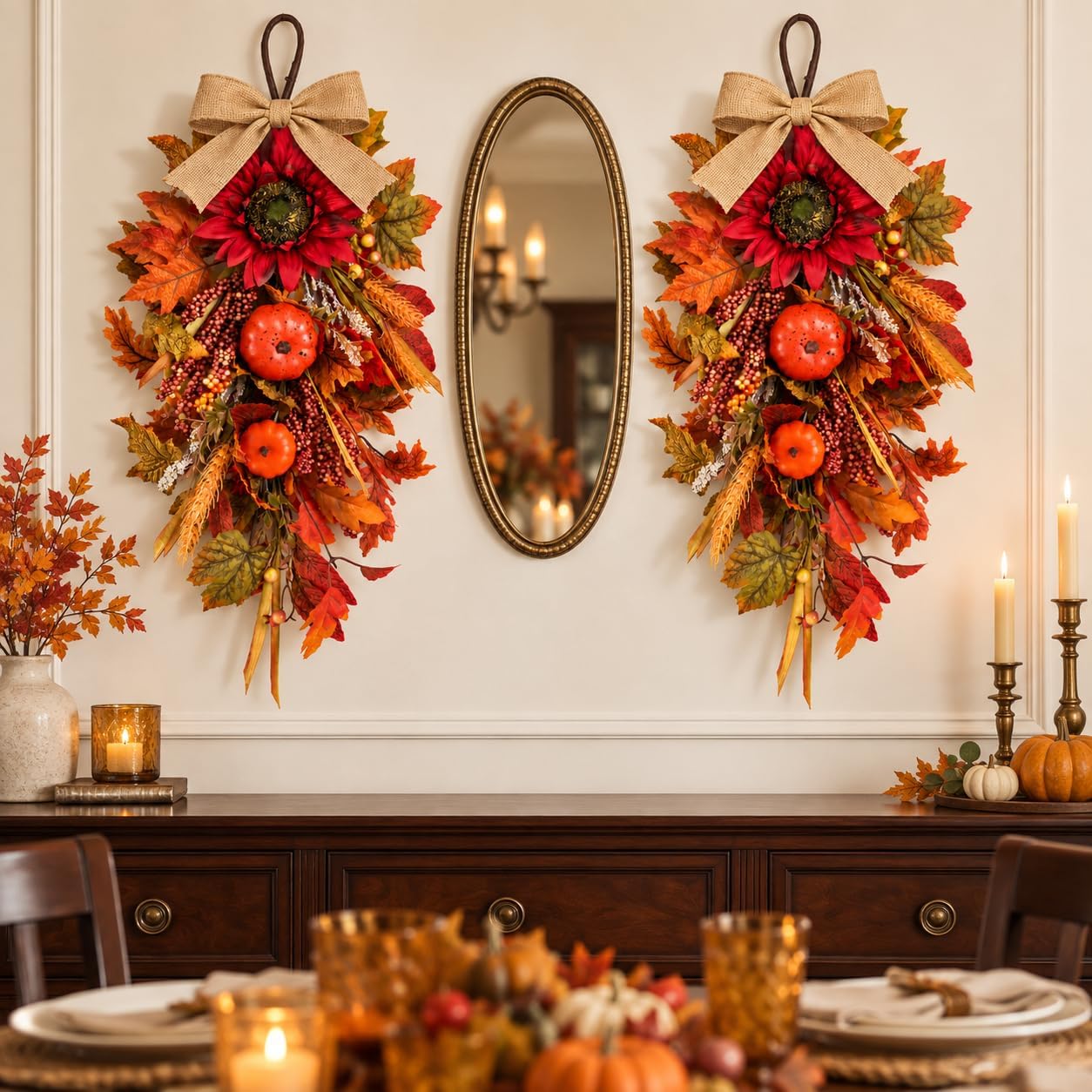 2 Pack Fall Sunflower Teardrop Swags Wreaths for Front Door Autumn Flowers Pumpkin Berries Maple Leaf Mailbox Swag Thanksgiving Teardrop Swags Wreaths for Kitchen Cabinets Farmhouse Window Decor