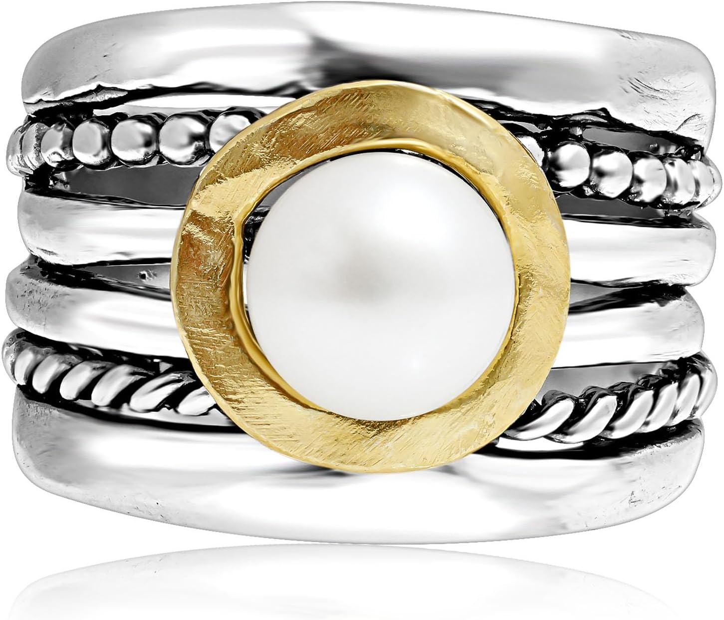 JEAN RACHEL JEWELRY Mixed Metal Two Tone Ring for Women – Pearl Rope Bead – 925 Sterling Silver & 14K Gold Over Silver – Freshwater Pearl Statement Ring – Hypoallergenic Design - Image 3