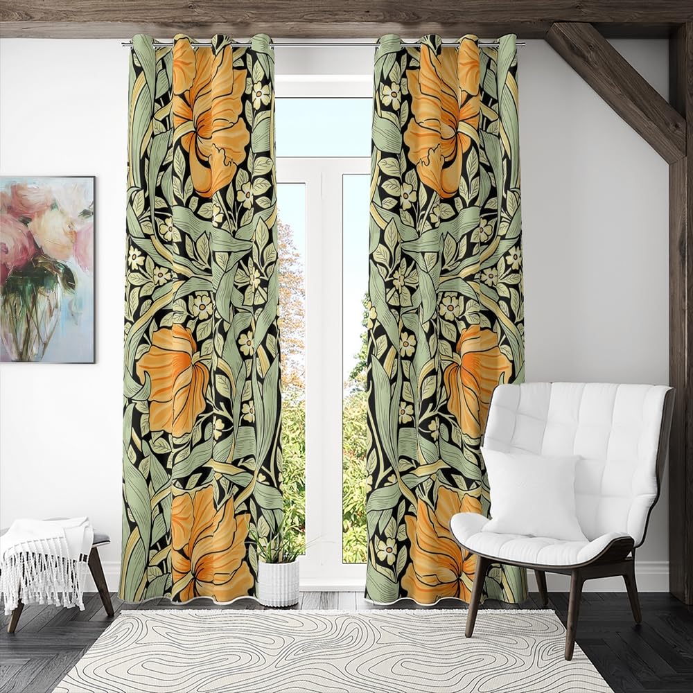 Fchen art William Morris Green Garden Flower Retro Gloss Curtain,Retro Flower Nature Floral Window Treatments for Bedroom Living Room,Curtains for Bedroom Living Room Window Drapes 2 Panel Set