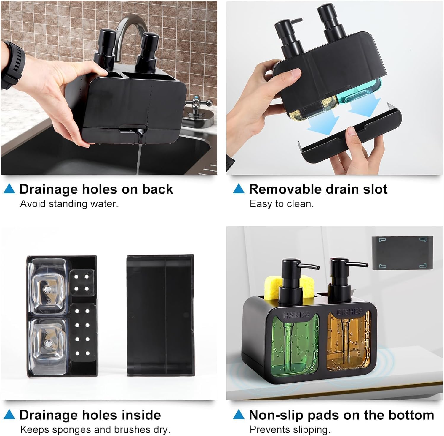 Kitchen Soap Dispenser Set, 4-in-1 Hand and Dish Soap Dispenser with Sponge Holder & Brush Caddy, Black Plastic Countertop Soap Pump for Sink, Clear Window Design - Black