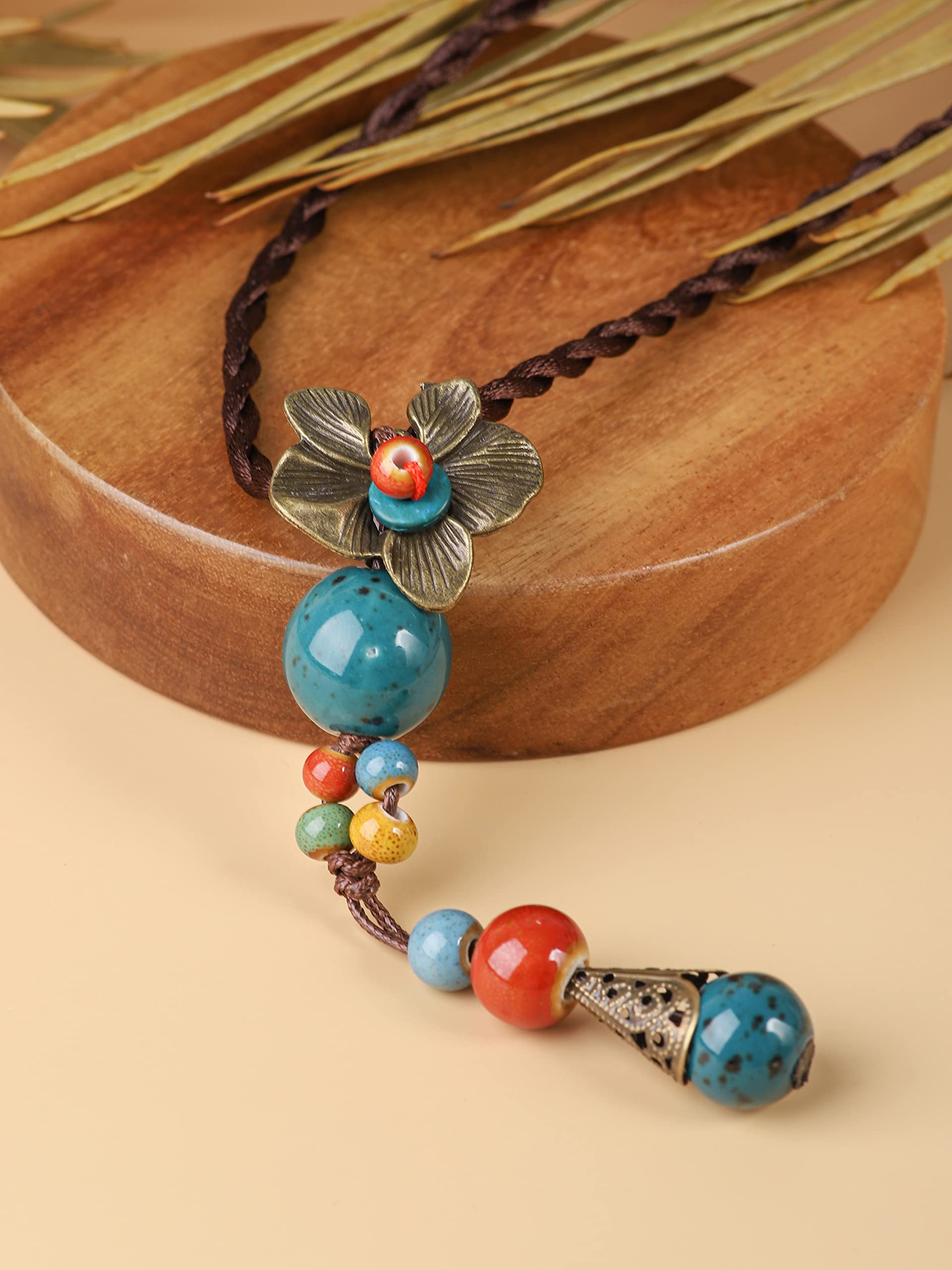 Collar vintage bohemio colorido de cerámica con cuentas antiguas en Y, vintage, bohemio, hippie, regalo de joyería para mujer, Zinc Cerámica, No es una piedra preciosa 3