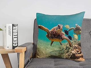 Pillow Case Coral Endangered Hawaiian Ocean Green Fish Turtle Cruises Nature Colorful Scuba Trendy Design Oahu Linen Toss Soft Square Throw Cushion Cover for Couch Bed Lving Room 18 x 18 Inch