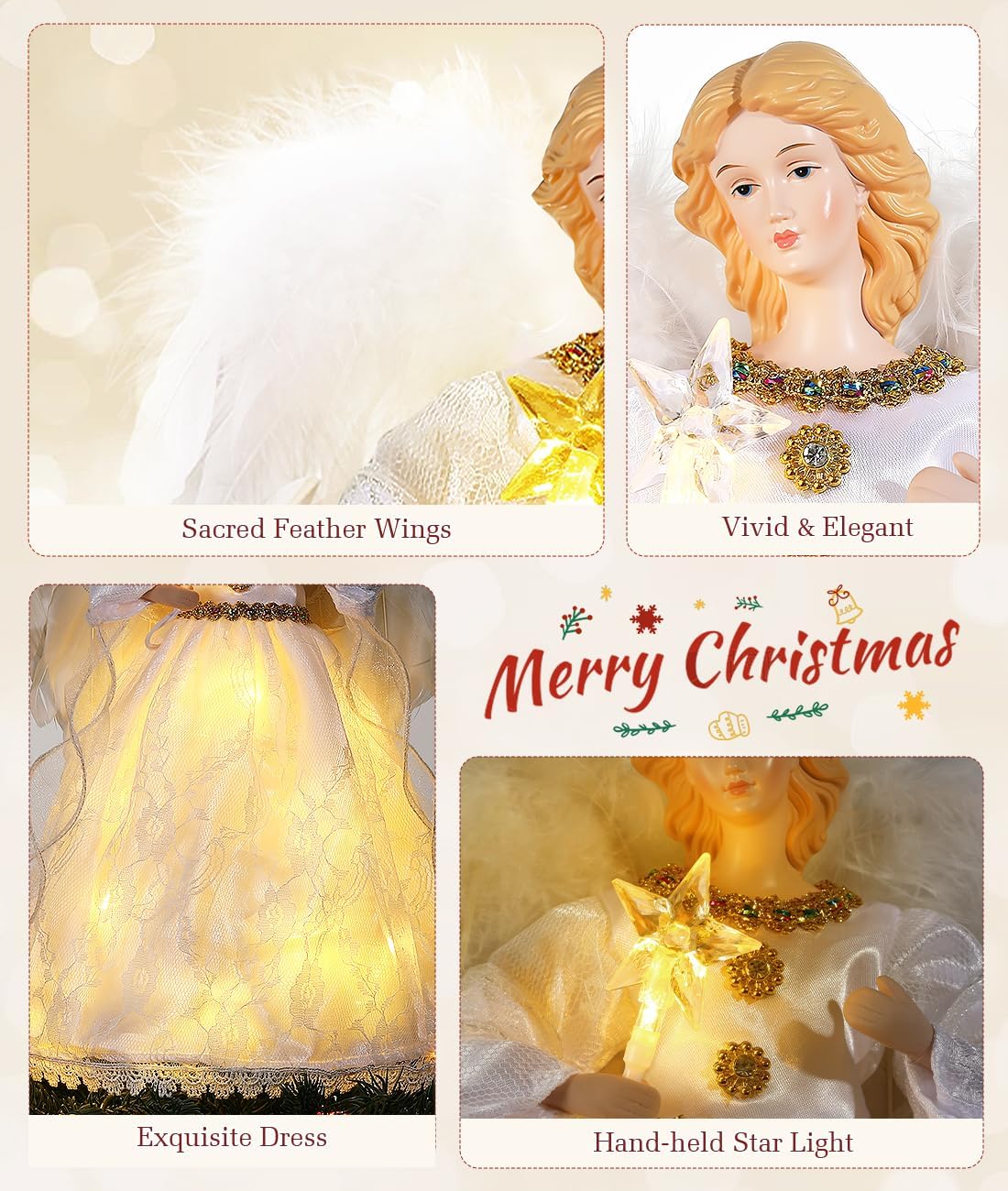 Luxspire Christmas Tree Topper, Angel Tree Topper with Lights, Angel Topper for Christmas Tree with Remote Control & Timer, USB Lighted Christmas Decorations for Holiday Home Indoor, White - Image 4
