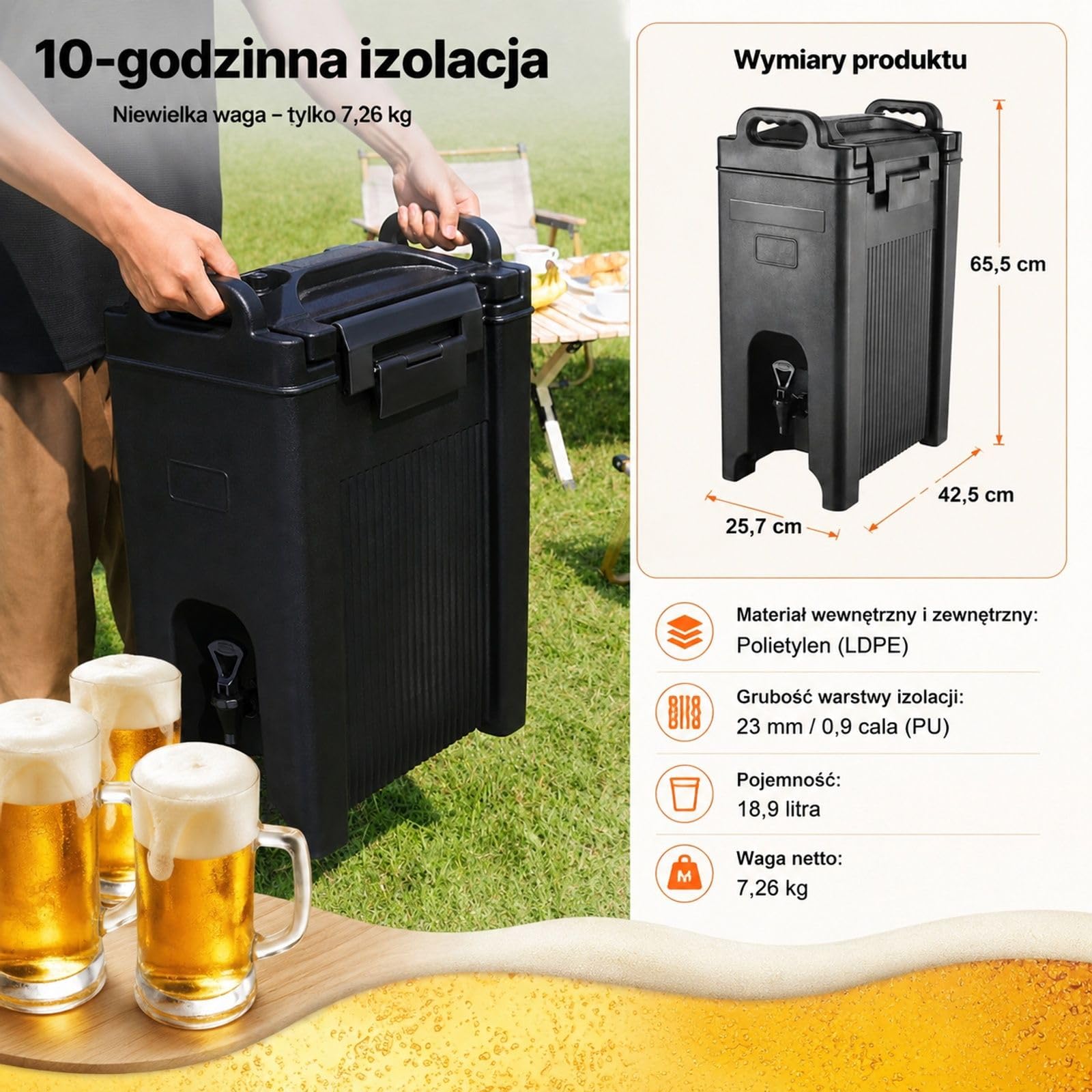 Dozownik napojów 18,9 l z LDPE z kranikiem i uchwytami do kawy, mleka, wody oraz soku