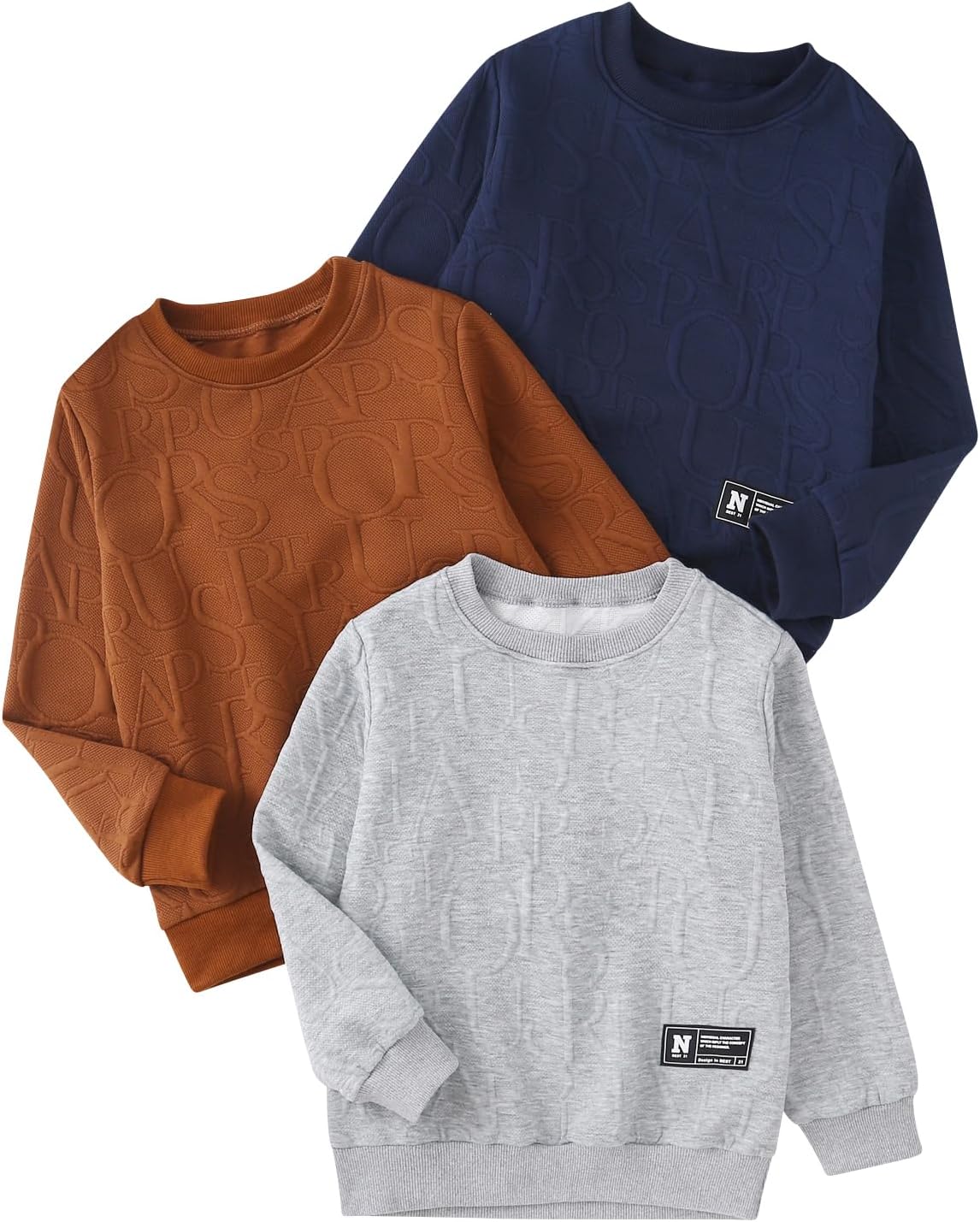 JOLYSHID 3 Pack Boys Clothes Long Sleeve Texture Letter Print Crewneck Sweatshirts Ribbed Hem Solid Pullover Tops Tee 3-12Y