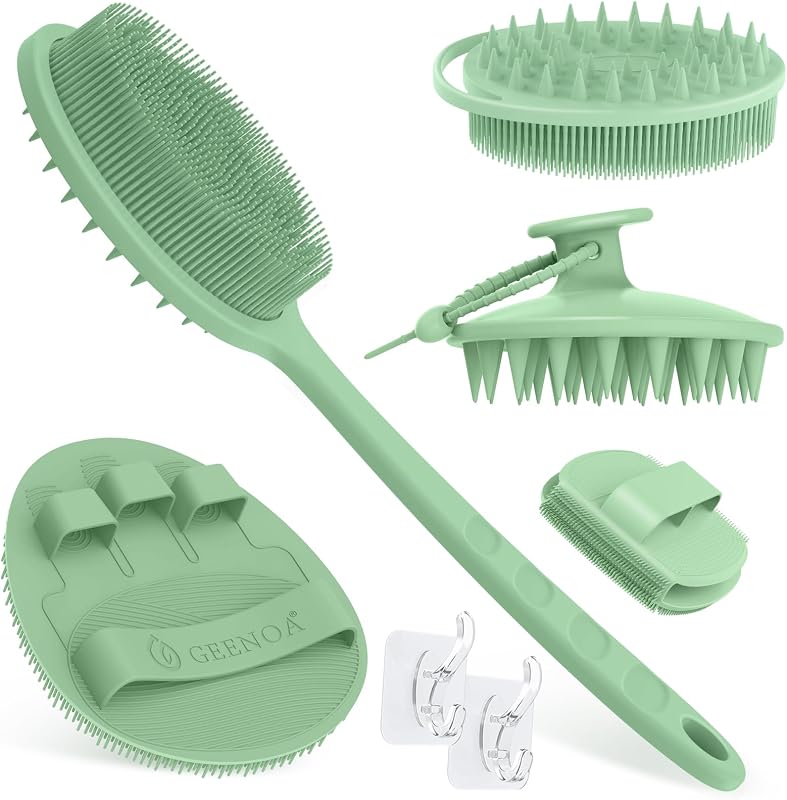 Conjunto GEENOA com 5 escovas de silicone para costas, corpo, rosto e couro cabeludo, verde