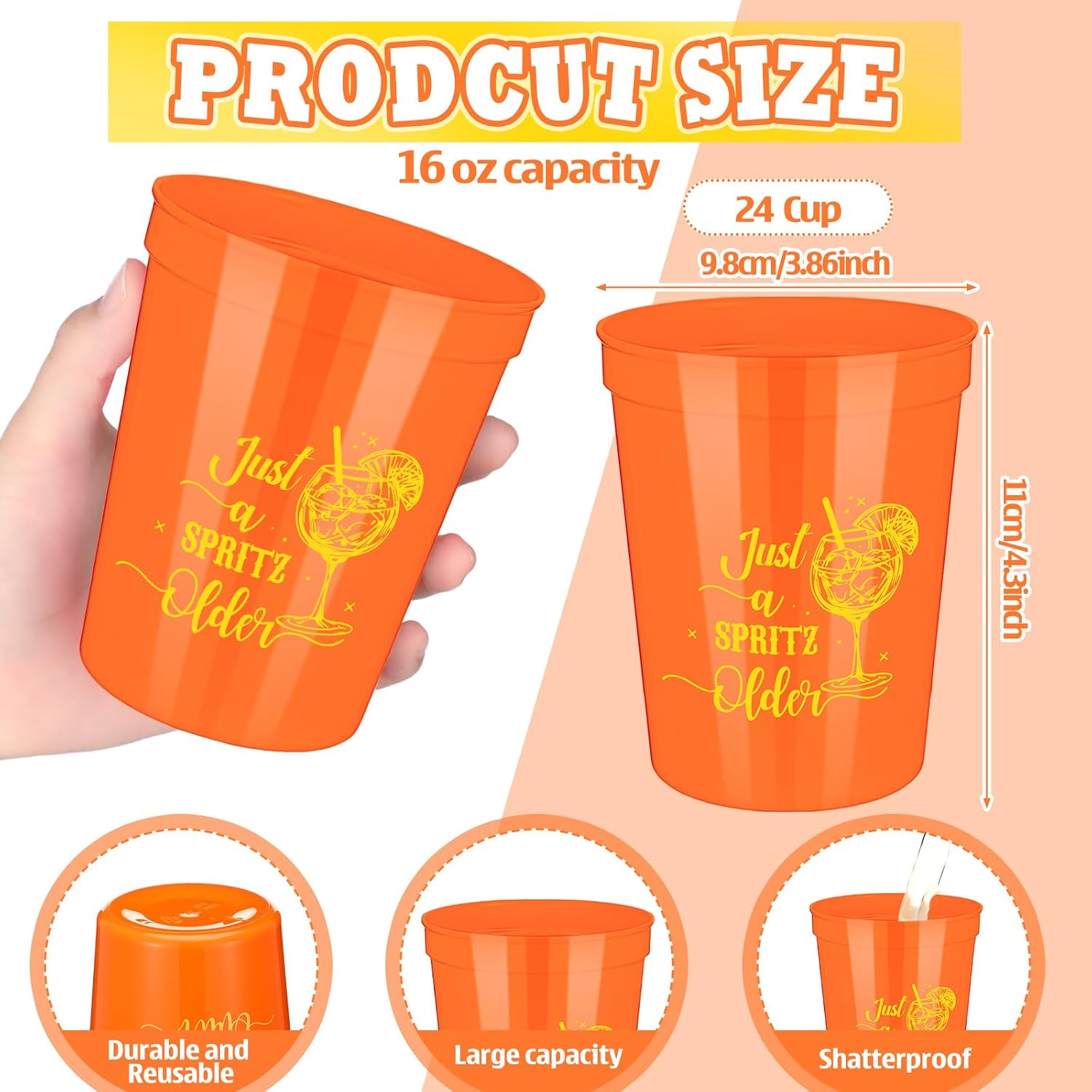 Yungyan 24 Pack Just a Spritz Older Spritz Birthday Party 16oz Plastic Cups Bulk Reusable Orange Drinking Cups Decoration Lemon Citrus Cocktail Cup for Bridal Shower Wedding Party Supplies