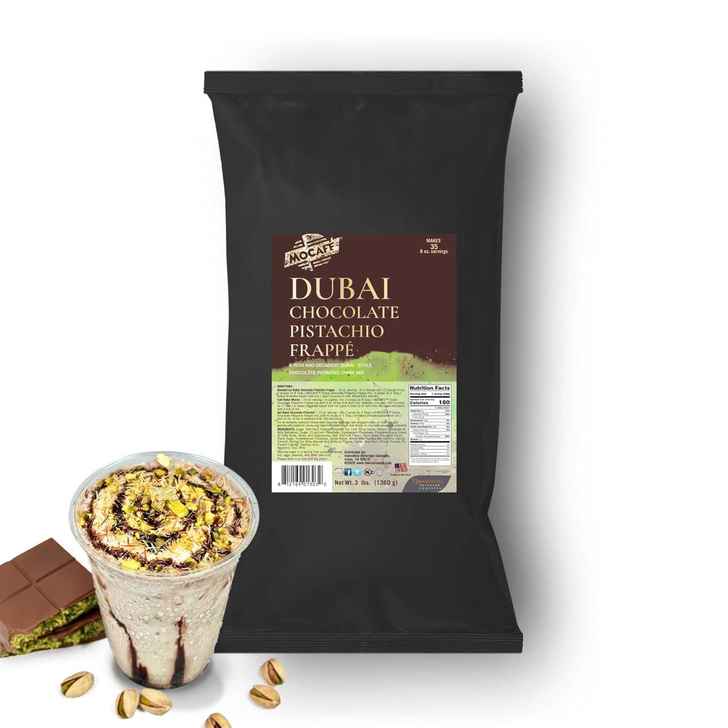MOCAFE Dubai Chocolate Pistachio Frappe Mix Powder – Café-Style Beverage Base with Chocolate Chips & Pistachio Flavor – Makes Hot, Iced & Blended Drinks – 3 lb Bag