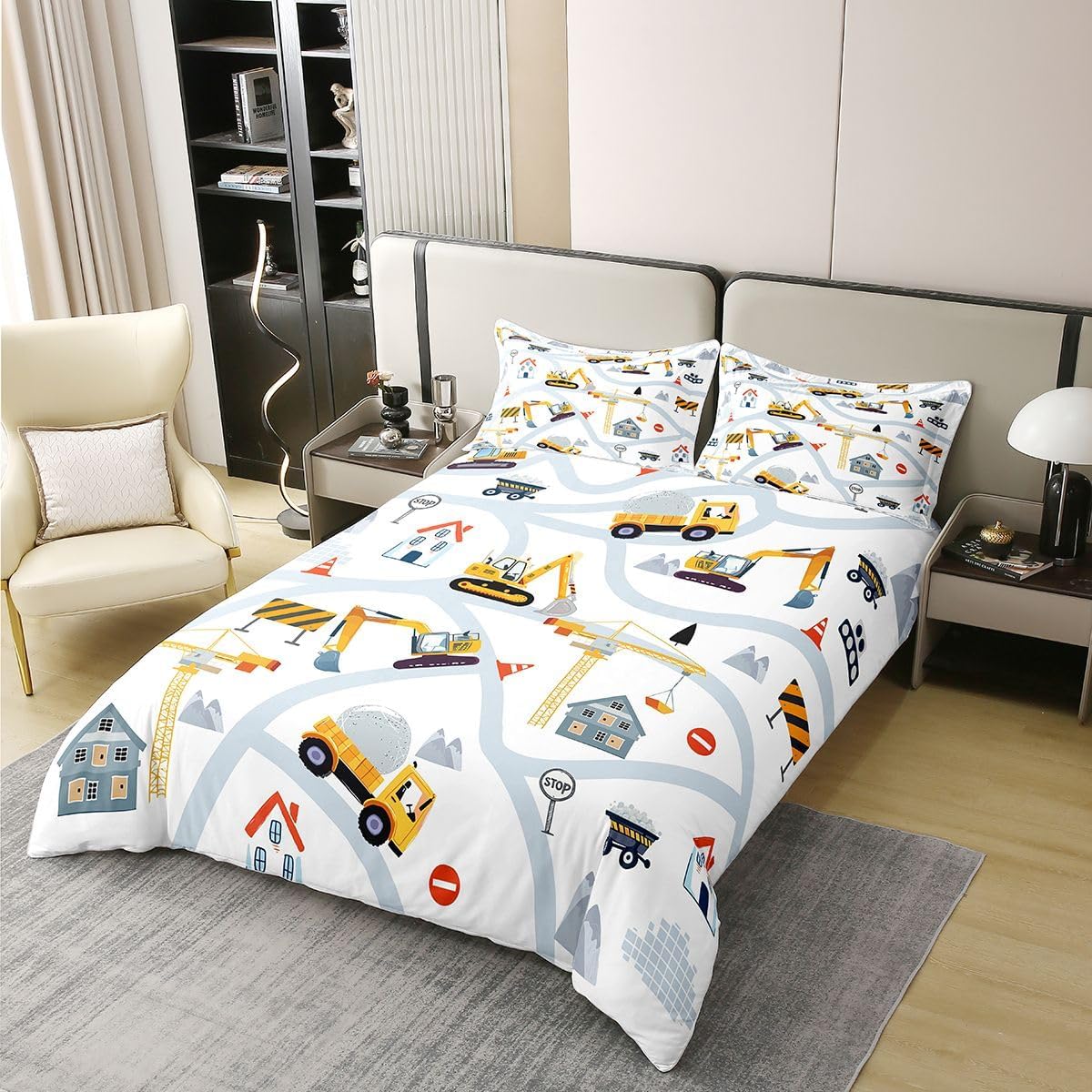 Erosebridal 100% Natural Cotton Construction Full Size Bedding, Yellow Vehicle Duvet Cover, Toddler Boys Cartoon Excavator Bed Set, Kawaii Comfy Cozy Room Decor