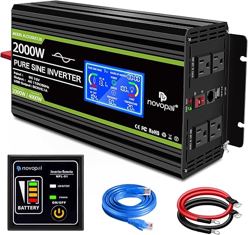 Miniatura 1 de Novopal Inversor de corriente de onda sinusoidal pura de 2000 vatios, convertidor de CC de 12 V a 110 V120 V, 4 salidas de CA, inversores Rv con