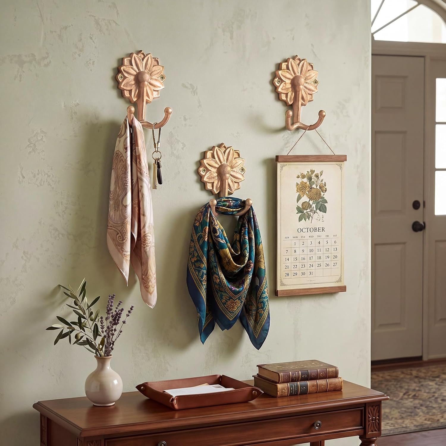 3 Pcs Cast Iron Flower Hooks Rustic Gold Double Towel Wall Hooks Coat Hanger Wall Mount Heavy Duty Vintage Decorative for Farmhouse Entryway, Bathroom, Bedroom Vintage Style Robe Hook