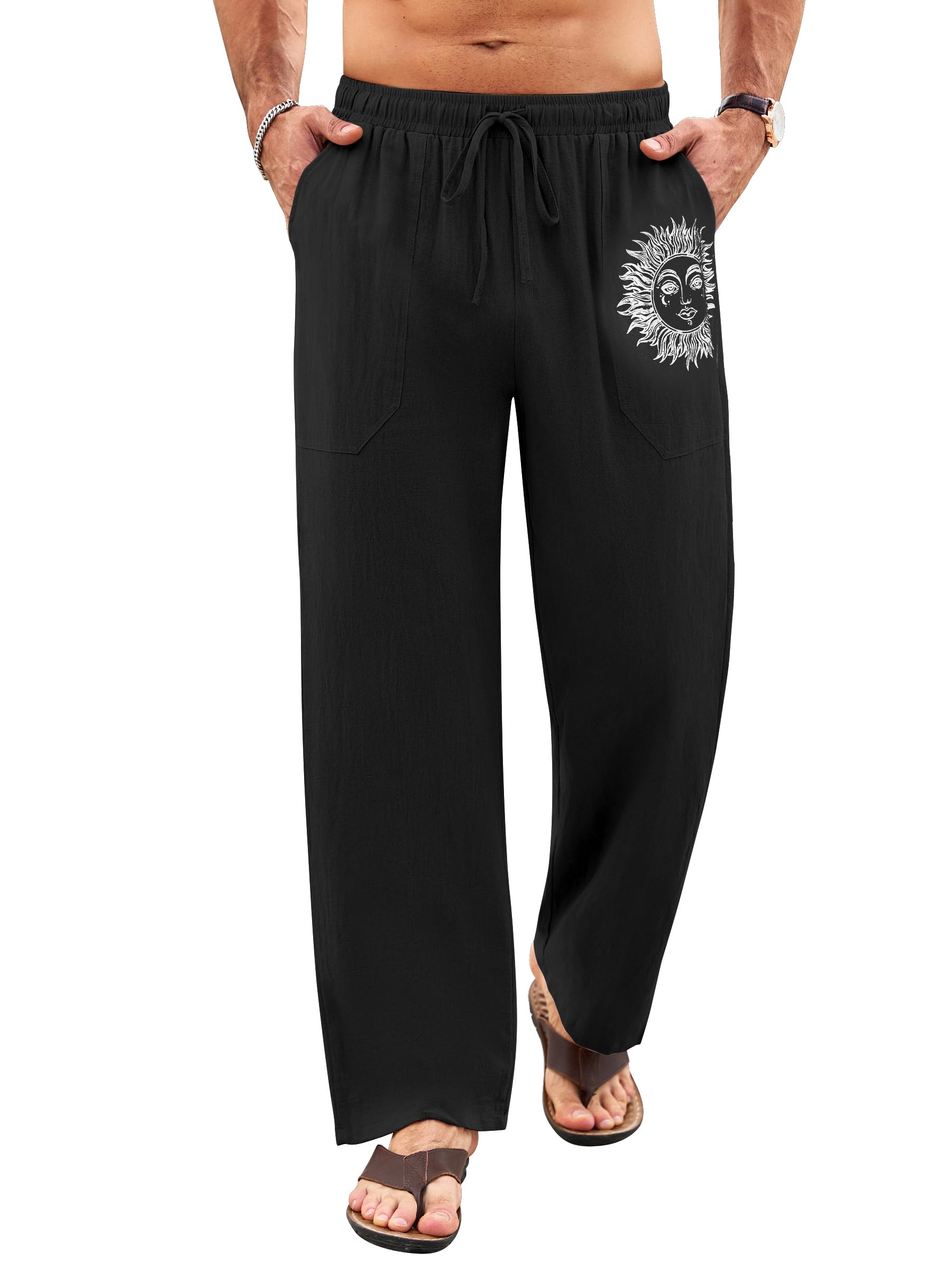 Litthing Pantaloni Lino Uomo Pantalonis da Jogging in Cotone Estivi Casual Tasche Pants Larghi Coulisse Pant Comodi e Leggeri Mare