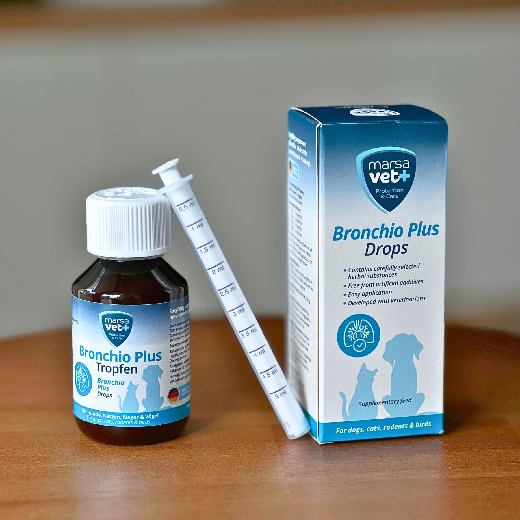 Marsavet Bronchio Plus – Flüssiges Ergänzungsfuttermittel mit pflanzlichen Inhaltsstoffen zur Unterstützung der normalen Atemwegsfunktion - für Hunde, Katzen, Nager und Vögel | 100 ml