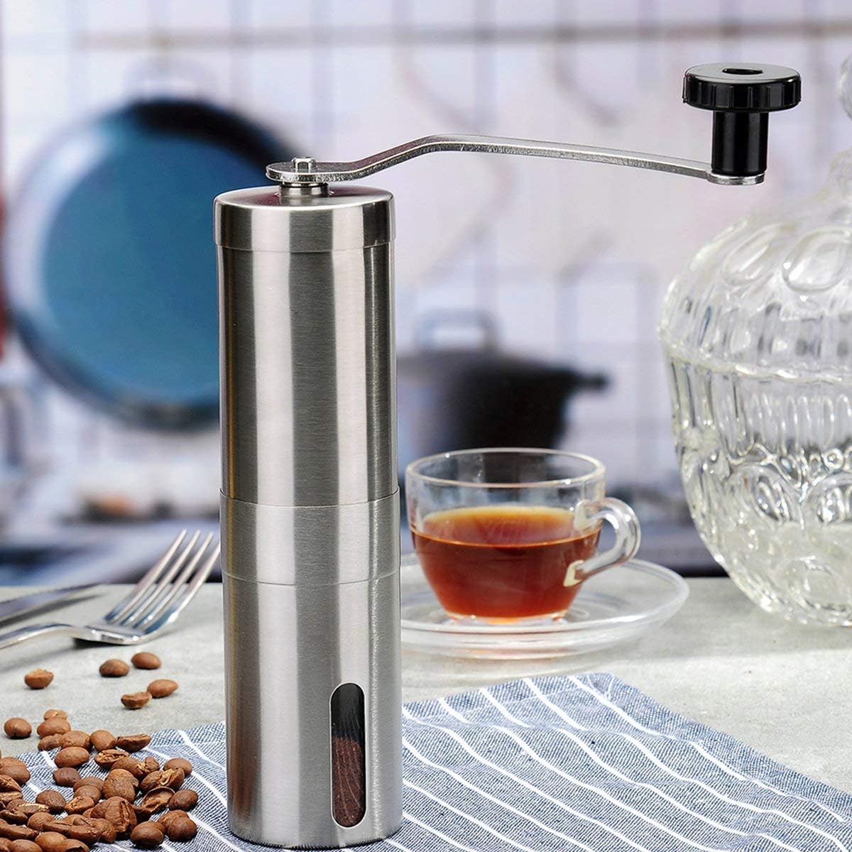 FWQPRA Manual Coffee Grinder with Adjustable Setting - Conical Burr Mill & Brushed Stainless Steel Whole Bean Burr Coffee Grinder for Aeropress, Drip Coffee, Espresso, French Press, Turkish Brew