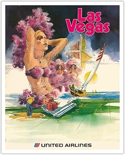 Las Vegas - Show Girls - United Airlines - Vintage Airline Travel Poster by Tom Lynch c.1970s - Fine Art Matte Paper Print (Unframed) 16x20in