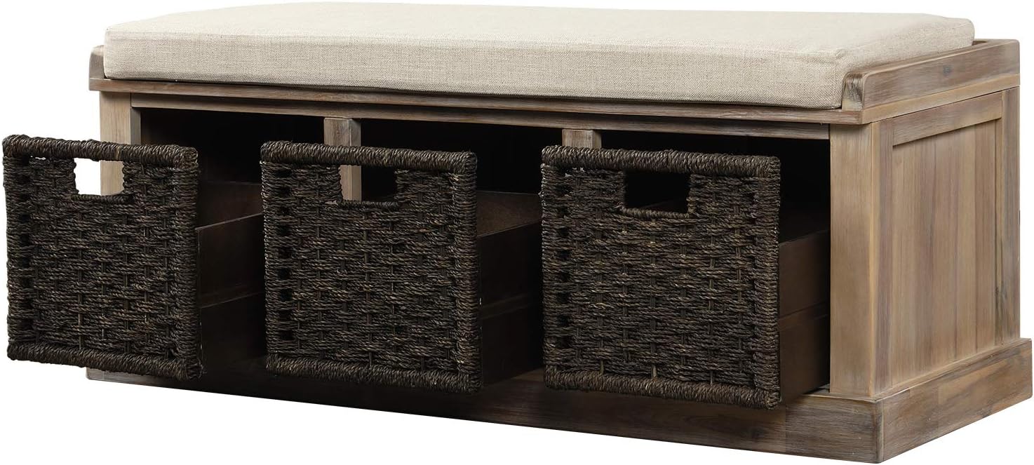 Rustic Storage Bench with 3 Removable Classic Rattan Basket with 3 Rattan Baskets,Removable Cushion,for Living Room, Entryway(41.3“L x 15.7”W x 17”H). (White Washed)