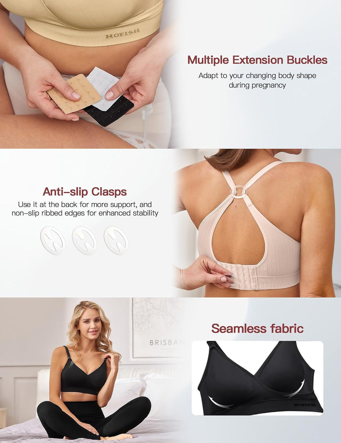 HOFISH Women's Lycra Maternity Pregnancy Seamless Breastfeeding Bras No Underwire BlackBeigePink L