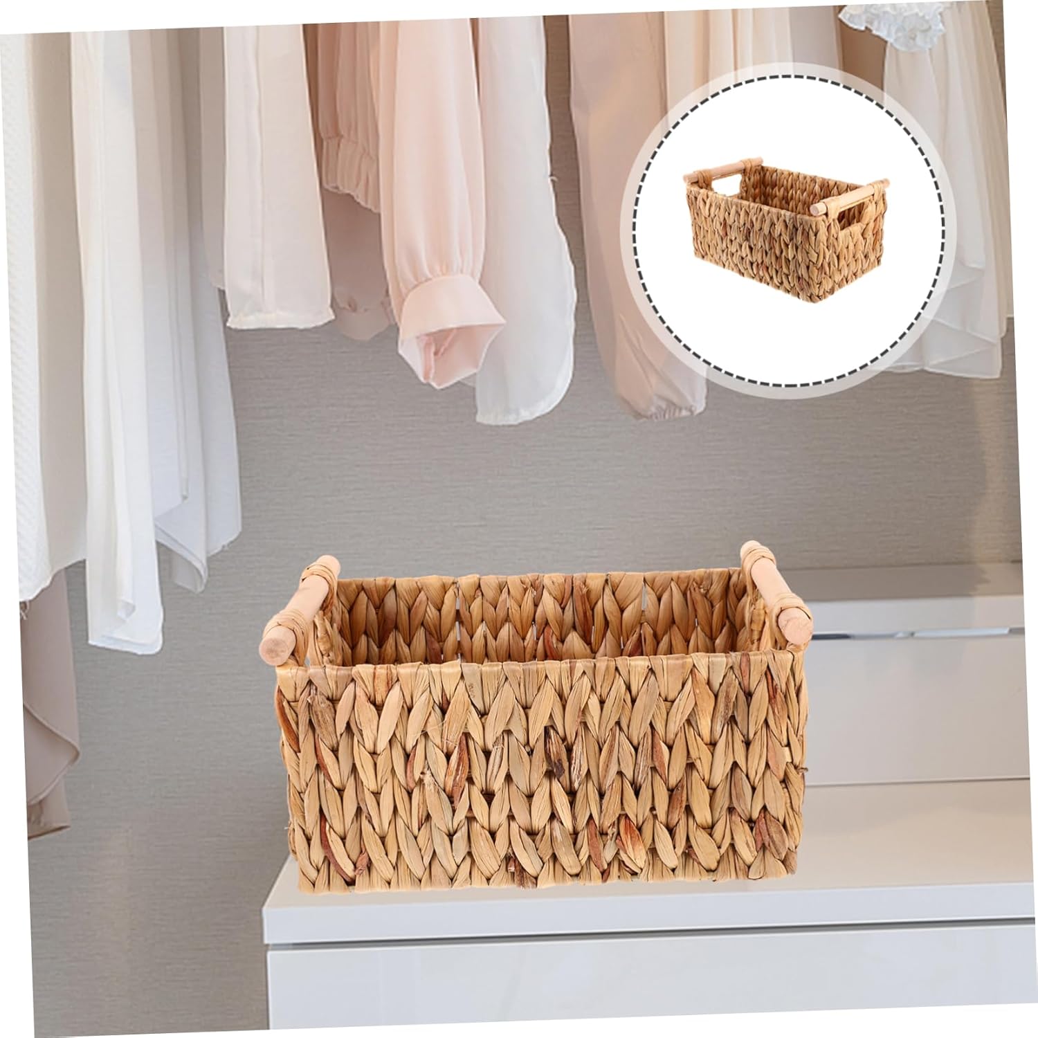 Hyacinth Woven Storage Basket with Handle for Desktop Organization Rustic Decorative Storage Container for Sundries Snacks and More