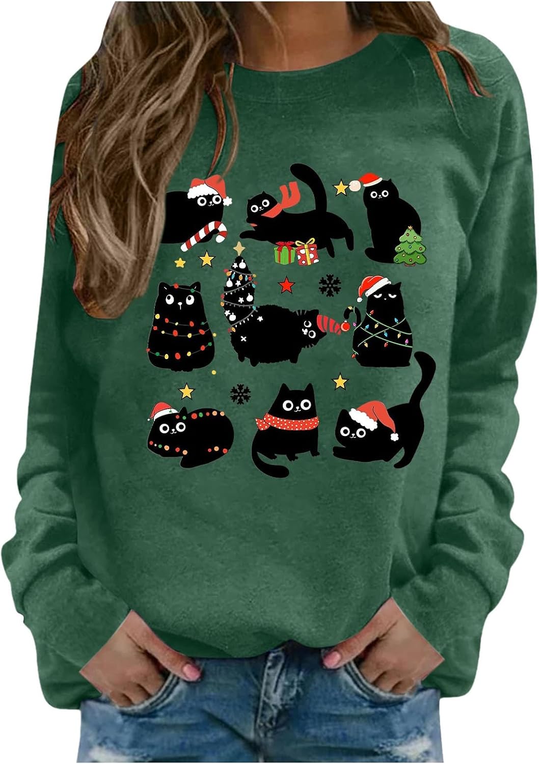 2024 Holiday Pullover Sweatshirt: Black Cat Wrapped in Christmas Lights Crewneck