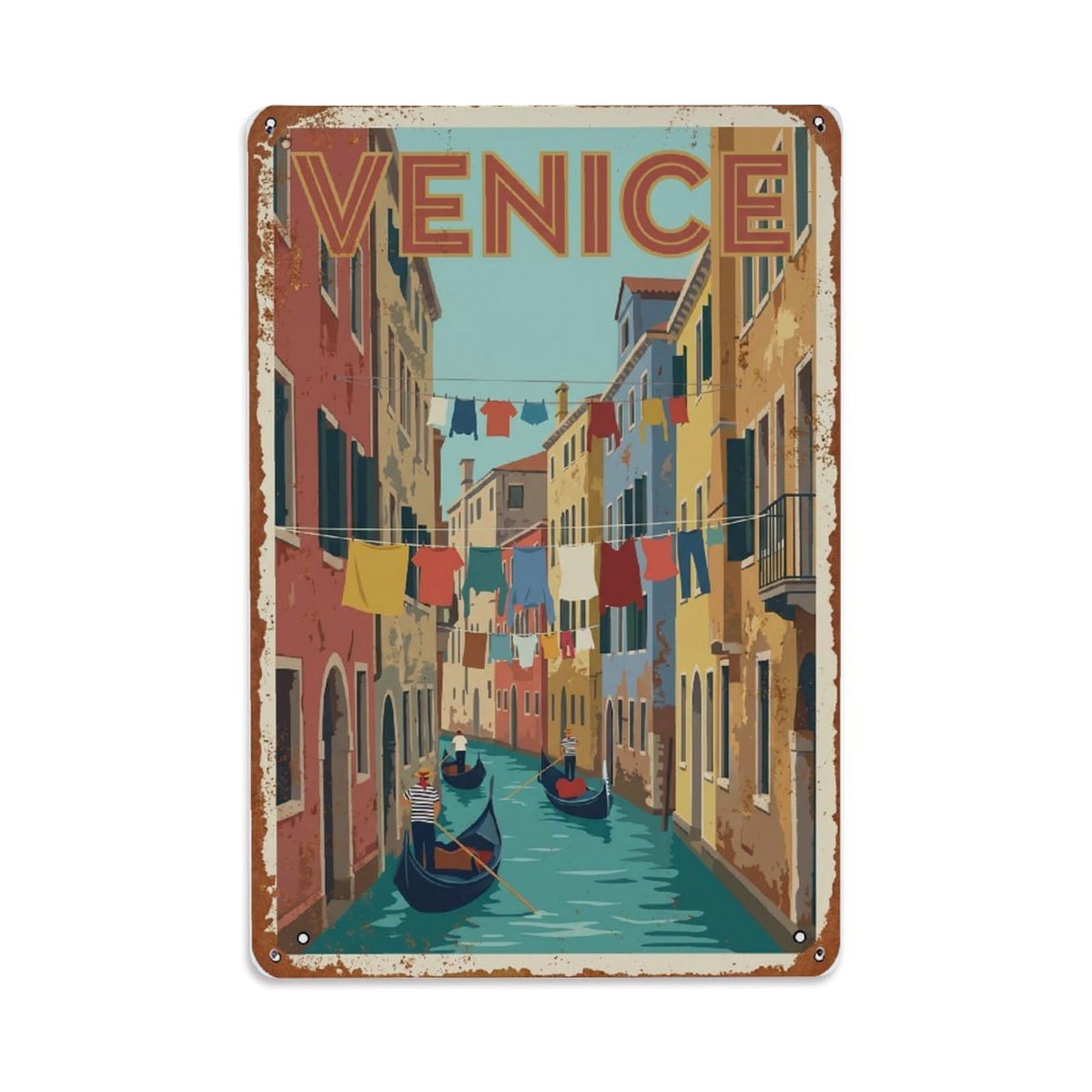 Vintage Travel Venice Narrow Canal Laundry Hanging Rusted Italy Metal Tin Sign Plaque Wall Decor for Cafe, Club Bar, Office, Home Garden Metal Poster 8x12Inch