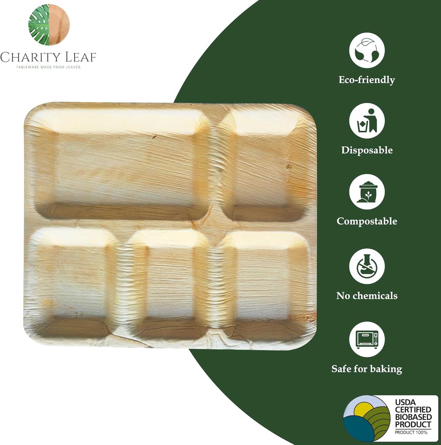Charity Leaf Compostable 12x10'' Rectangle - 5 Compartment Palm Leaf Dinner Plates (25-pack) | Premium, 100% Natural, Disposable, Heavy Duty | Perfect for Parties, Weddings, BBQs & Catering Events