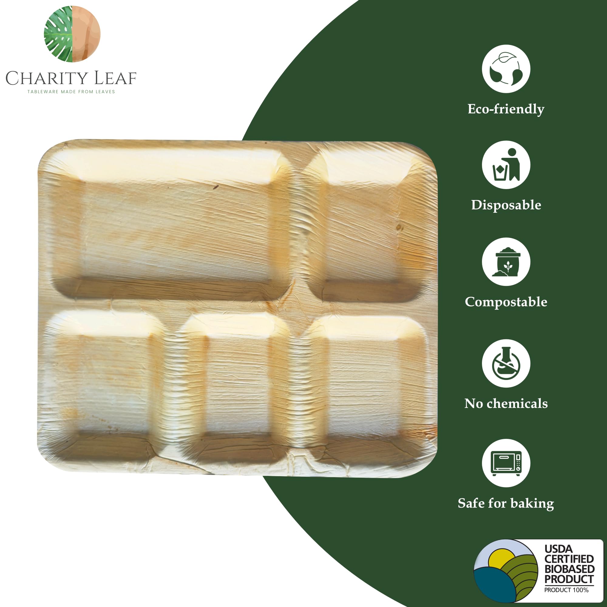Charity Leaf Piatti piani compostabili rettangolari da 30,5 x 25,4 cm, 5 scomparti, in foglia di palma (confezione da 25), di alta qualità, 100% naturali, usa e getta, resistenti, perfetti per feste,
