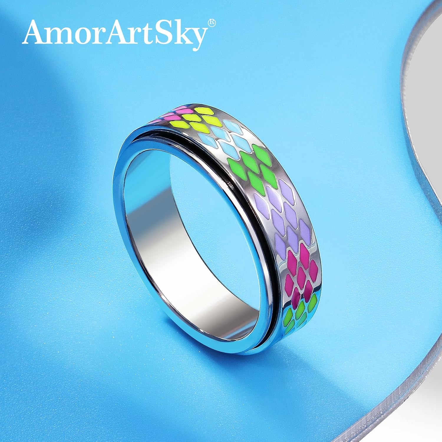 AmorArtSky Checkered Fidget Ring for Adults - 18K Gold Plated Stainless Steel Rotating Spinner Jewelry, Anxiety & Stress Relief Gift for Women/Men (Multicolor Diamond Pattern) - Image 6