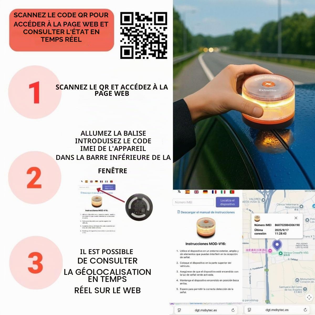 Gyrophare V16 DGT 3.0 Homologué Espagne – Balise V16 Connectée Certifiée – Service connecté Inclus Jusqu'en 2038 – Obligatoire en Espagne dès 2026