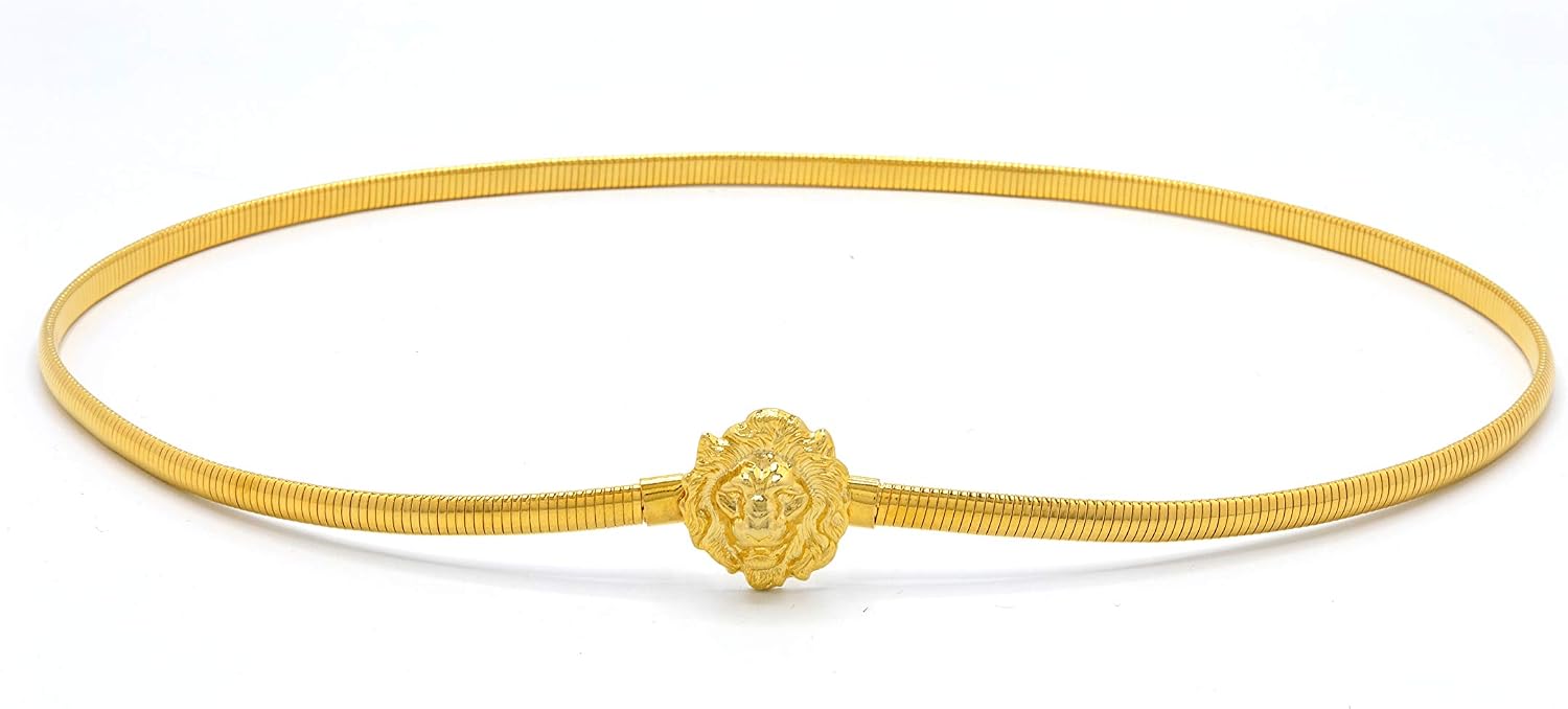 Marshal Metal Fashion Belt Omega Chain 18K Gold Plating Stretch Skinny Cobra Belt for Women 1/4" (7mm) size 28"-34" (Lion)