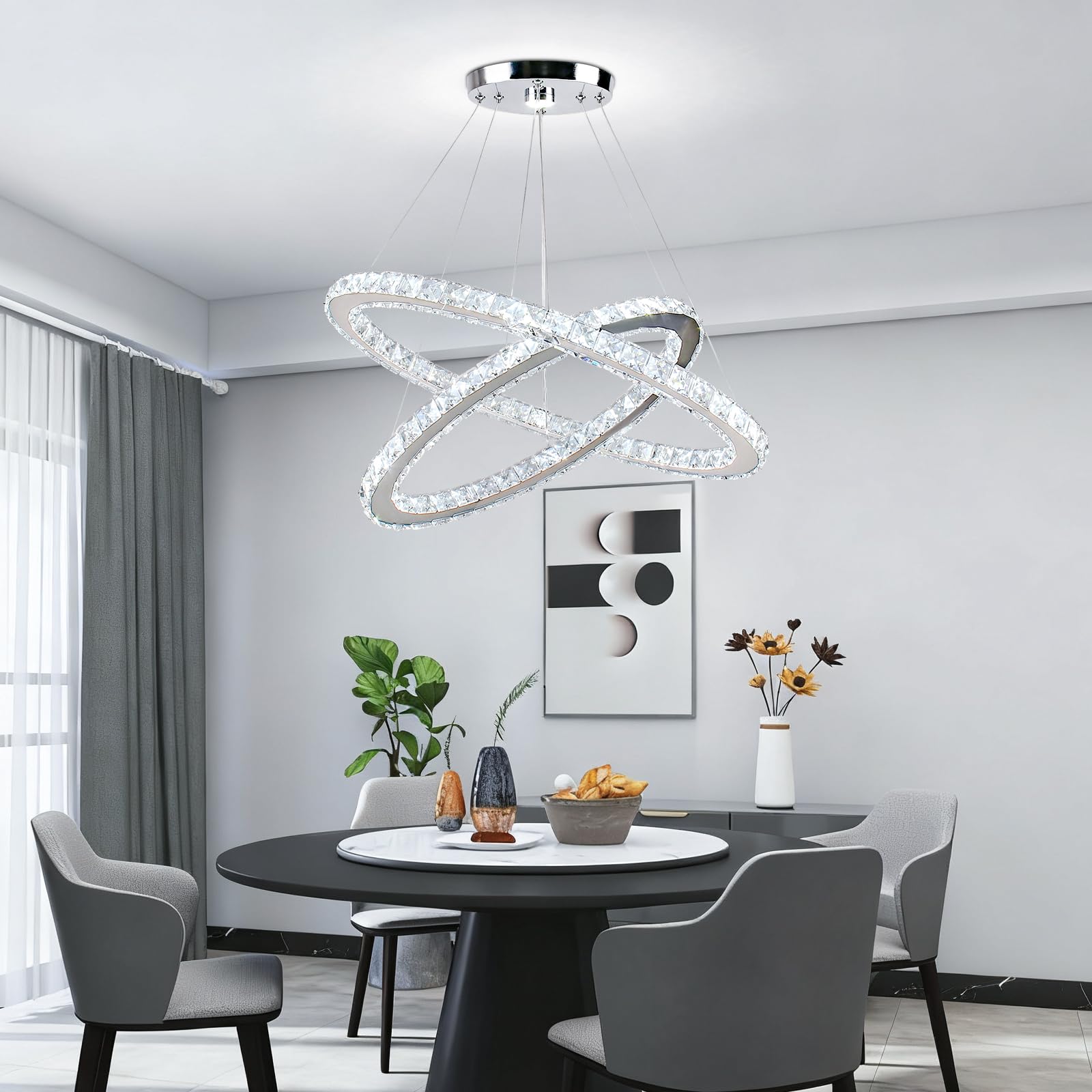 Lampadario Ovale in Cristallo da 60 cm, Lampada a Sospensione LED a 2 Anelli Bianca Fredda Illuminazione per Soffitto per Isola Cucina Sala da Pranzo Soggiorno e Camera da Letto