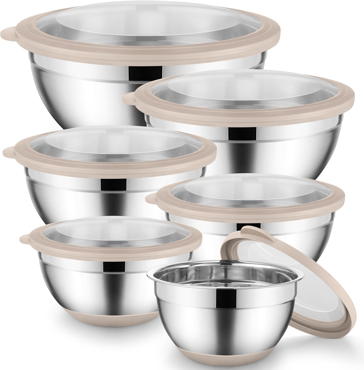 Onader Mixing Bowls with Lids Set of 6, Large Metal Nesting Mixing Bowls, Stainless Steel Non-Slip Salad Bowl Khaki – Size 1, 1.5, 2, 2.6, 3.5, 7QT Khaki Non-Slip Bottom