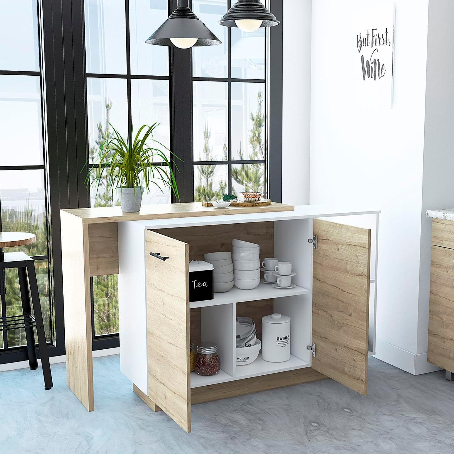Kitchen Island Ohio - Particle Board White + Light Oak - Modern Elegance with Open Shelves - Auxiliary Dining Table - Timeless Design