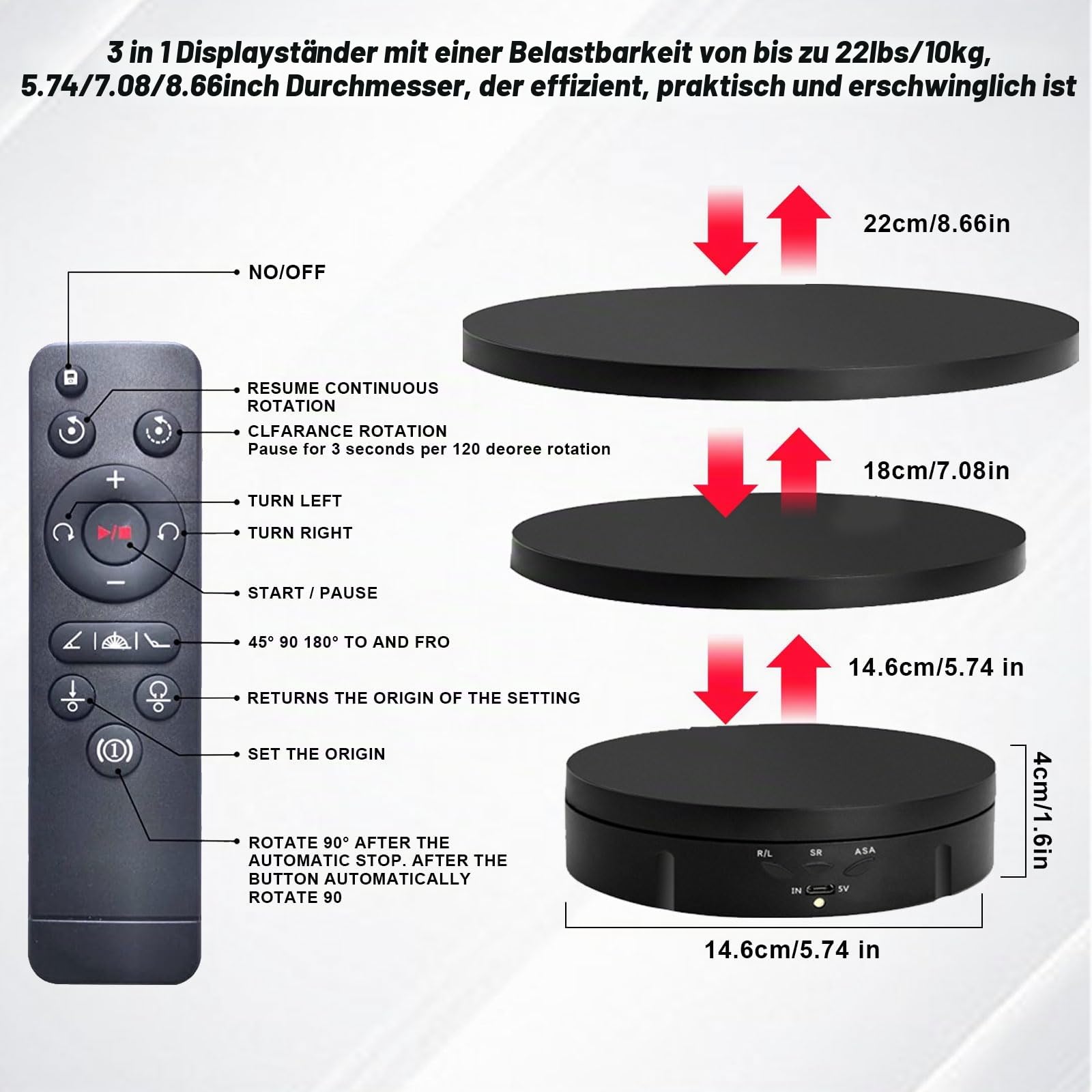 GAESHOW 3 in 1 Drehteller Elektrisch, Wiederaufladbar Drehteller Elektrische Drehscheibe, 360° Drehbarer Display Ständer Drehteller für Fotografie Produkte, Display, Schmuck, Uhr, 3D-Modelle (Schwarz)